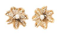 A Pair of 14 Karat Yellow Gold Cultured Pearl Ruffle Earrings, 5.30 dwts.
