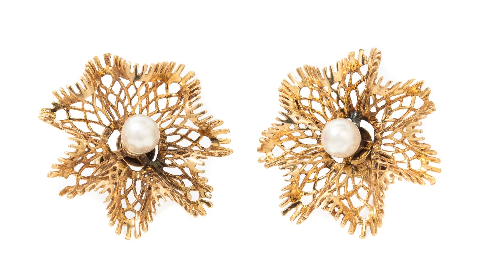 A Pair of 14 Karat Yellow Gold Cultured Pearl Ruffle Earrings, 5.30 dwts.