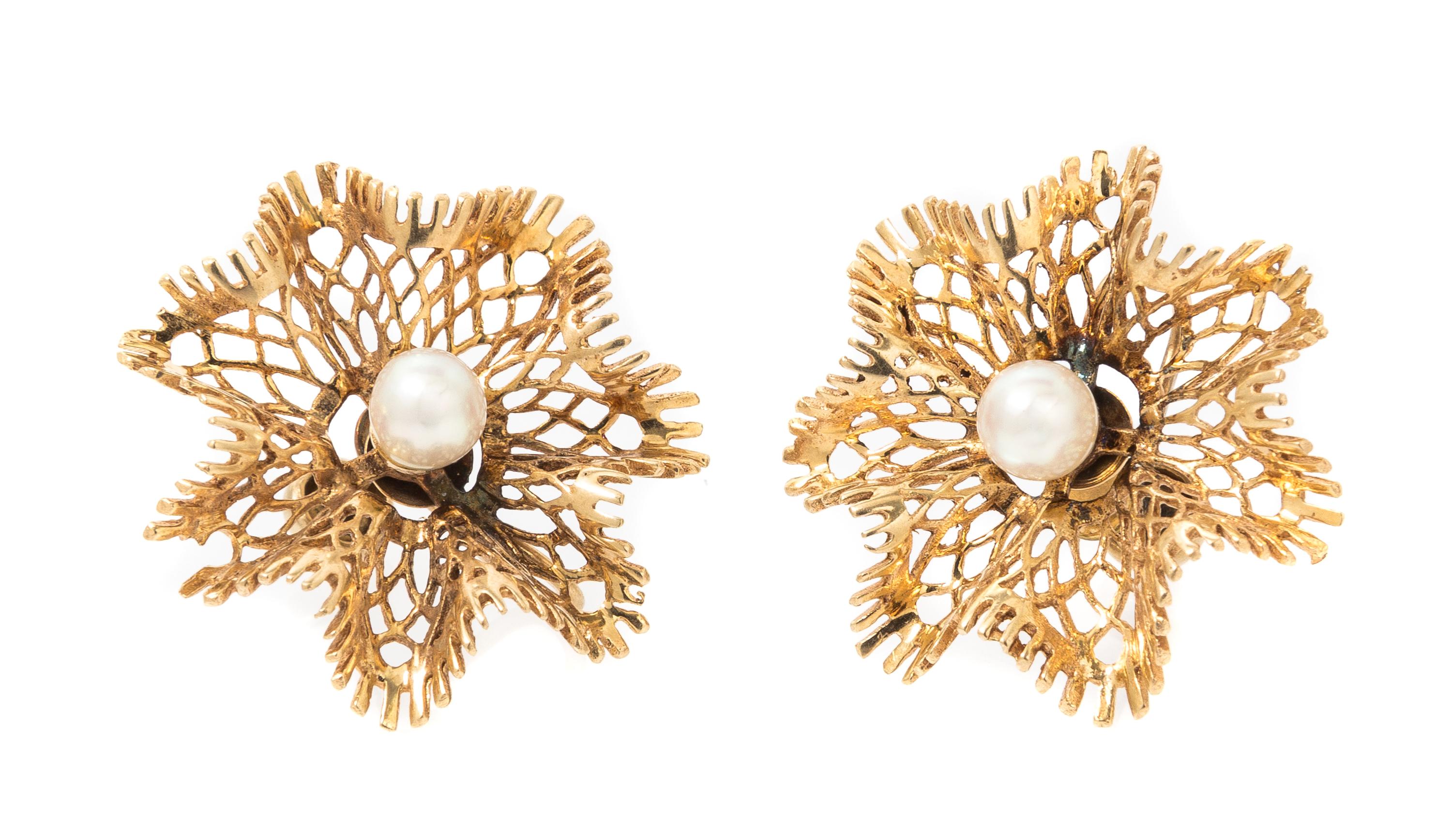 A Pair of 14 Karat Yellow Gold Cultured Pearl Ruffle Earrings, 5.30 dwts.