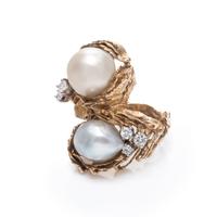 A Modernist 18 Karat Yellow Gold, Cultured Baroque Pearl and Diamond Bypass Ring, Gilbert Albert,