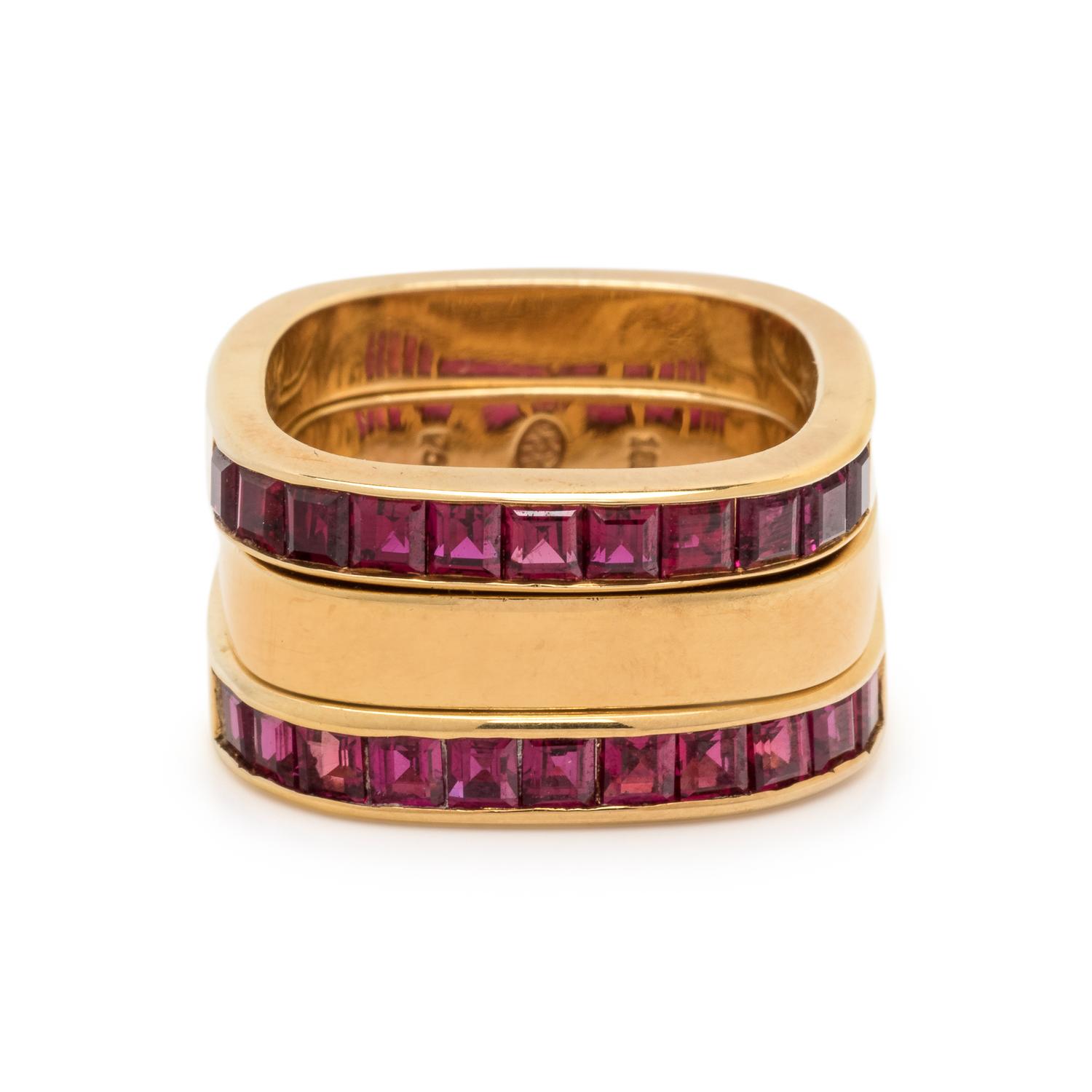 MARVIN SCHLUGER, YELLOW GOLD AND RUBY RING SET