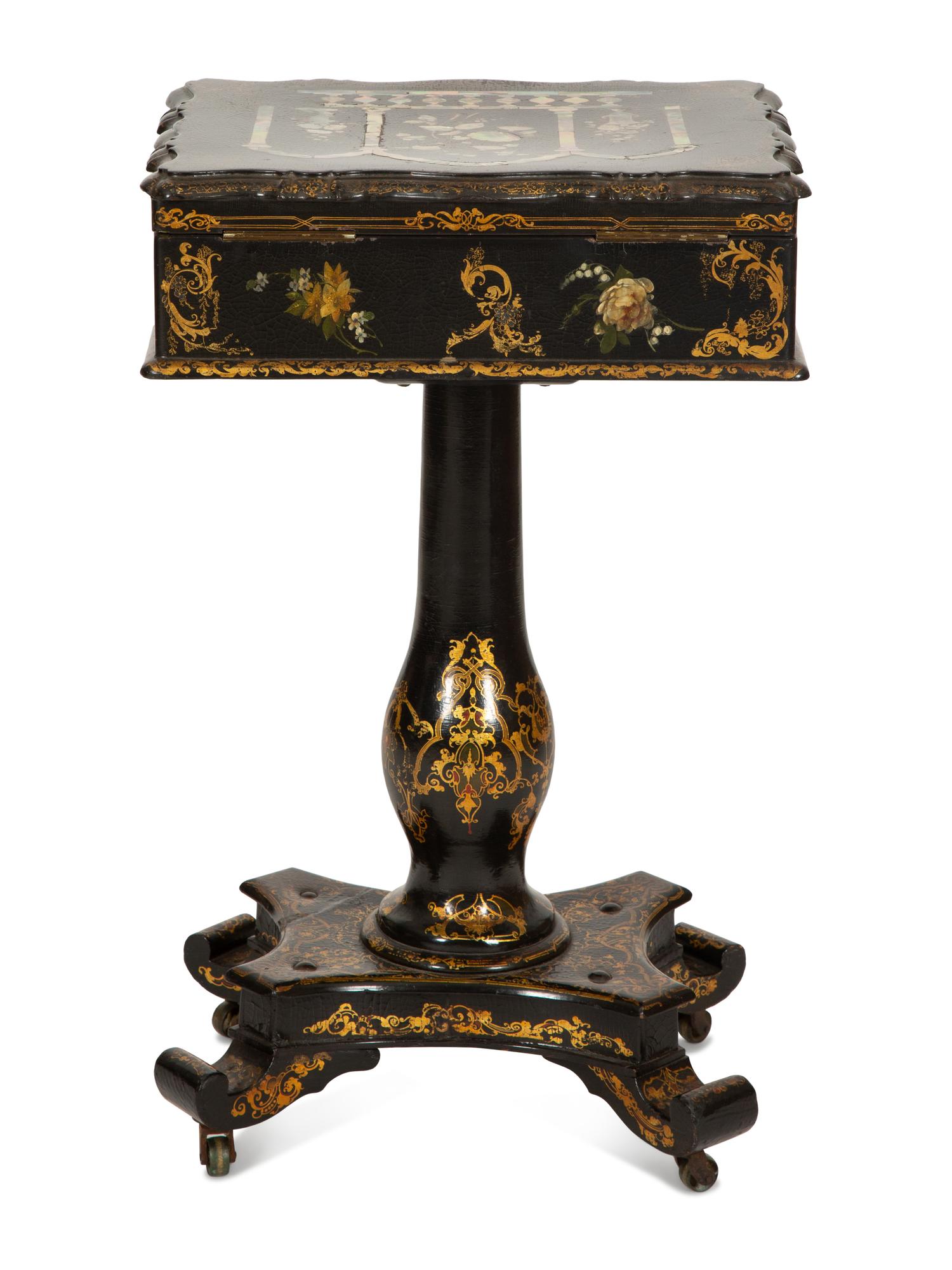 An English Victorian Black and Gilt Chinoiserie Sewing Table with Mother-of-Pearl Inlay