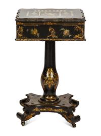 An English Victorian Black and Gilt Chinoiserie Sewing Table with Mother-of-Pearl Inlay