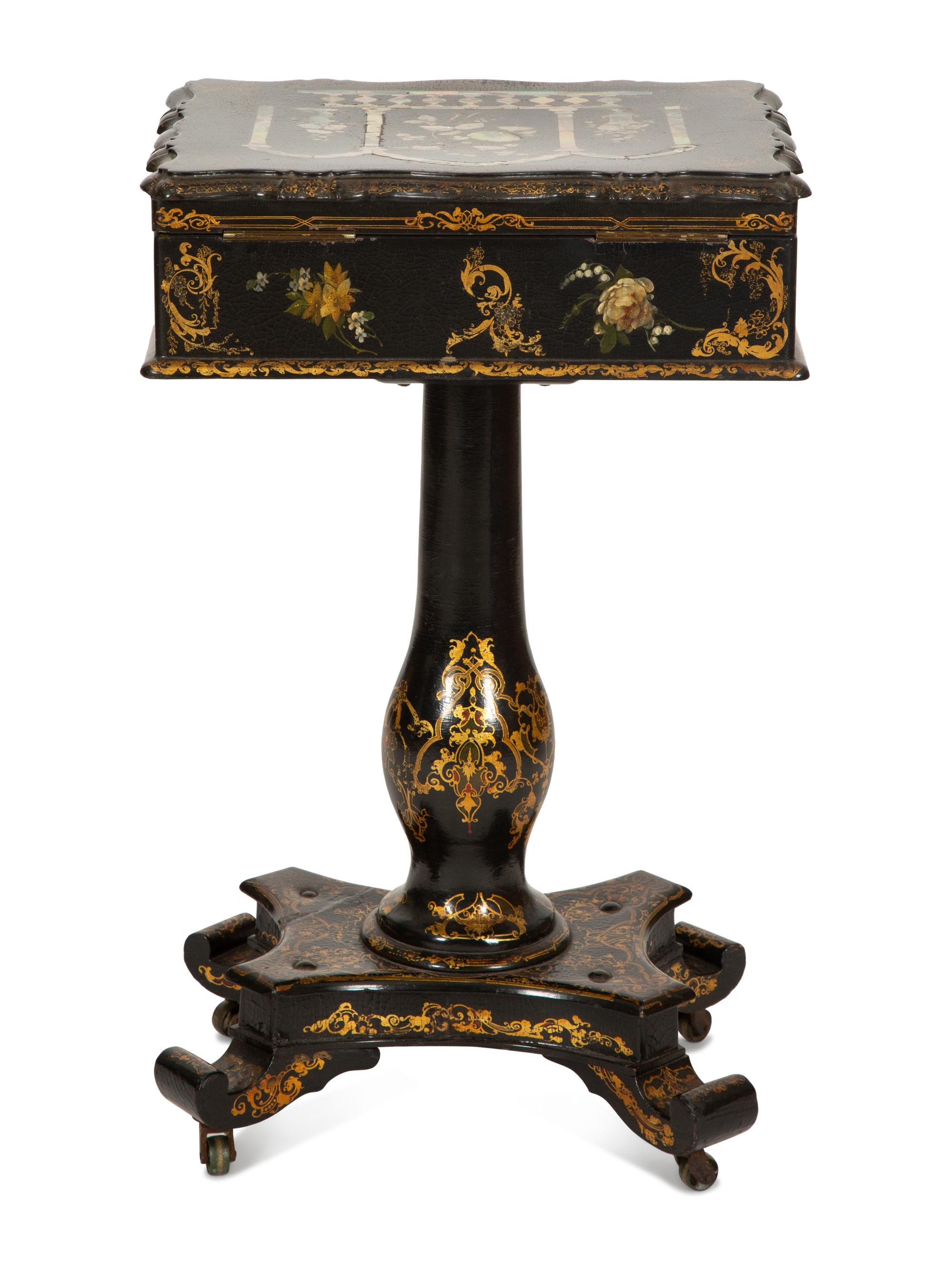 An English Victorian Black and Gilt Chinoiserie Sewing Table with Mother-of-Pearl Inlay