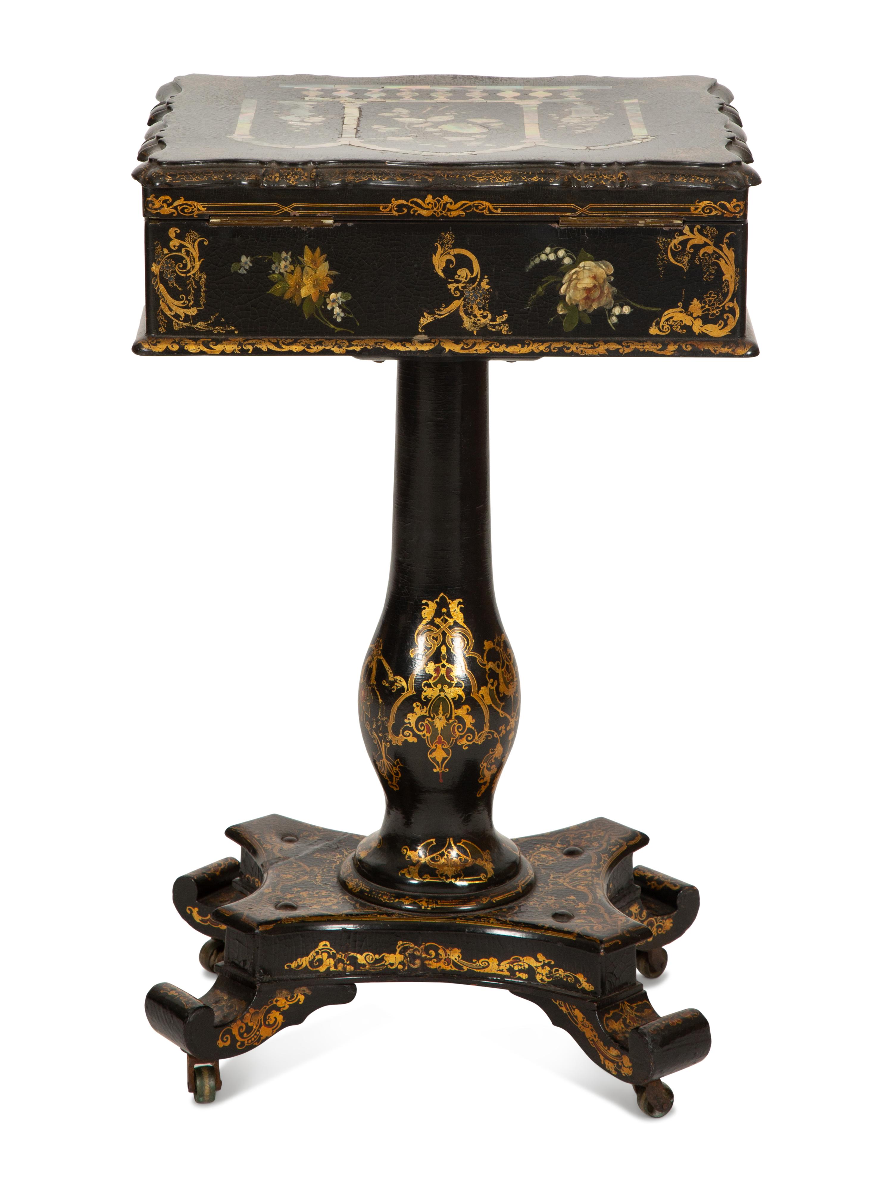 An English Victorian Black and Gilt Chinoiserie Sewing Table with Mother-of-Pearl Inlay
