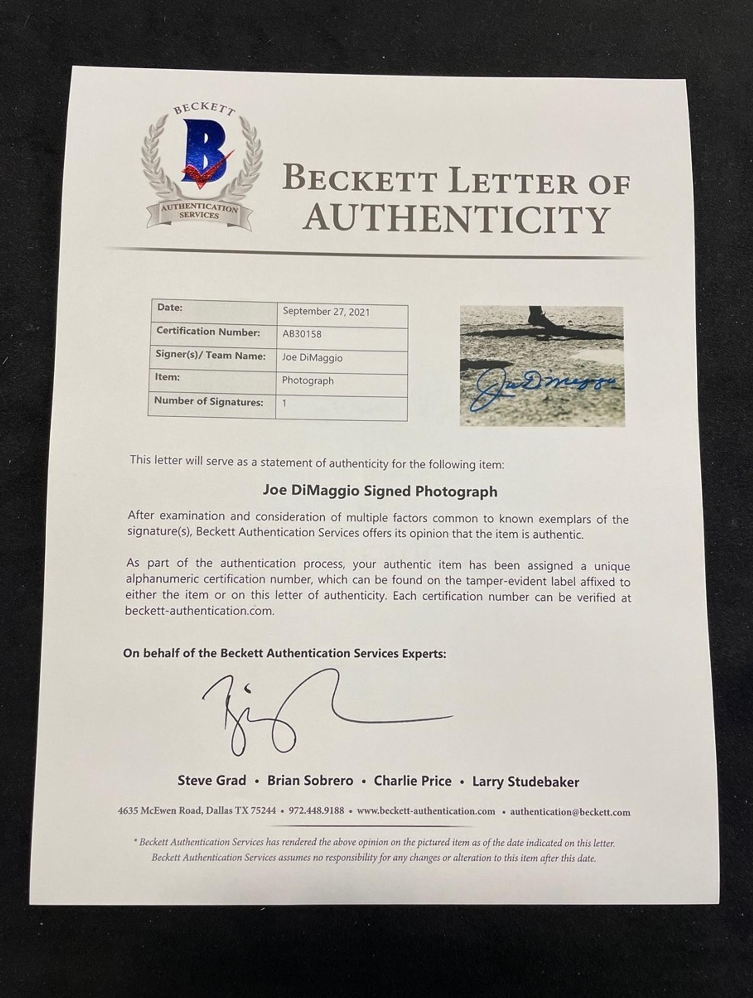 A Joe DiMaggio Signed Autograph Large Format Photograph (Beckett Authentication Services BAS Certified),