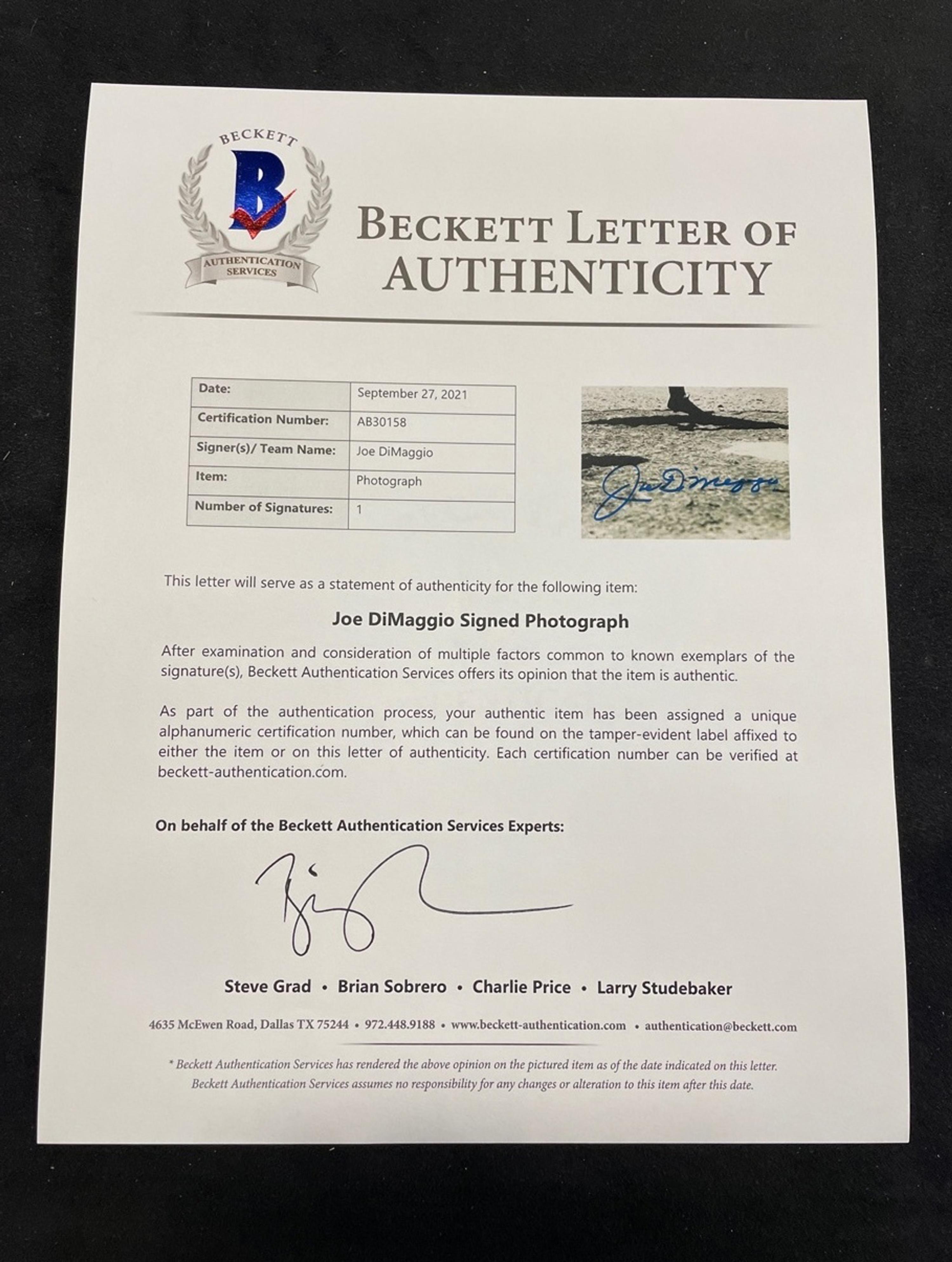 A Joe DiMaggio Signed Autograph Large Format Photograph (Beckett Authentication Services BAS Certified),