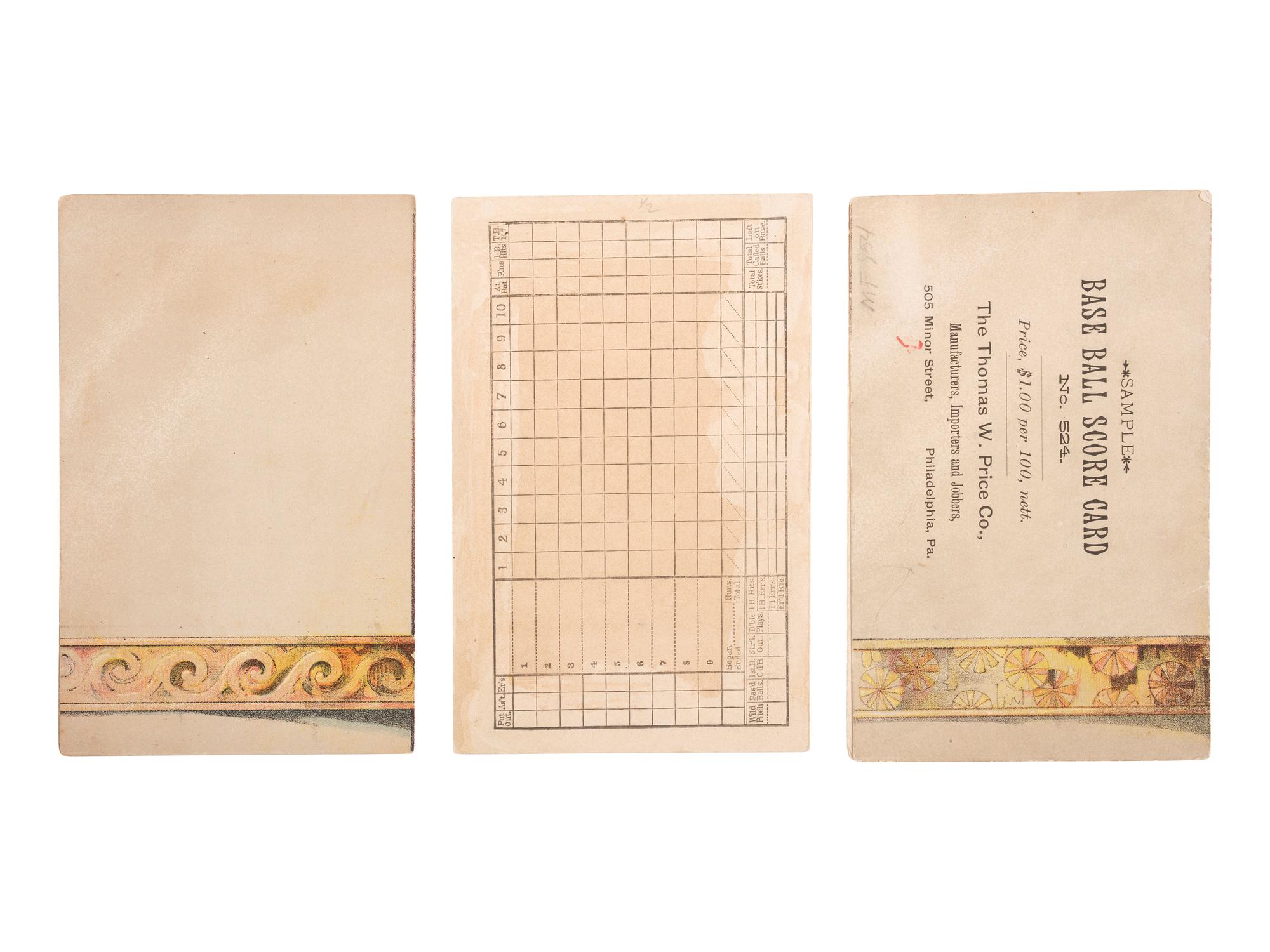 [SPORTS]. A group of 3 lithographed baseball score cards. Philadelphia, PA: The Thomas W. Price Co., n.d.