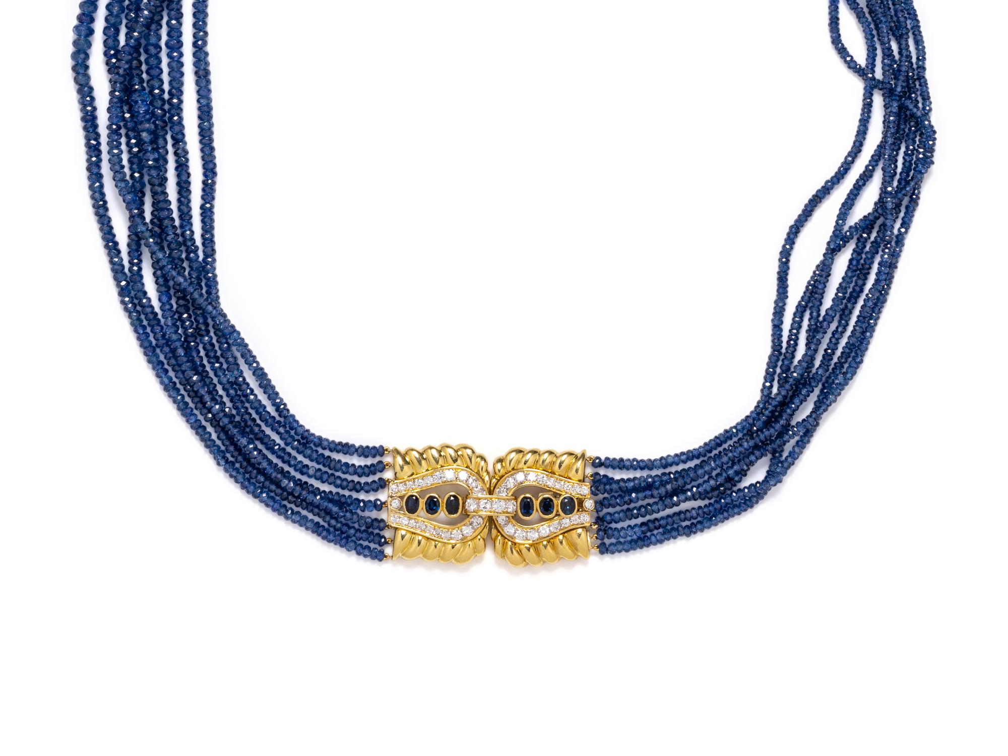 YELLOW GOLD, SAPPHIRE AND DIAMOND BEAD NECKLACE