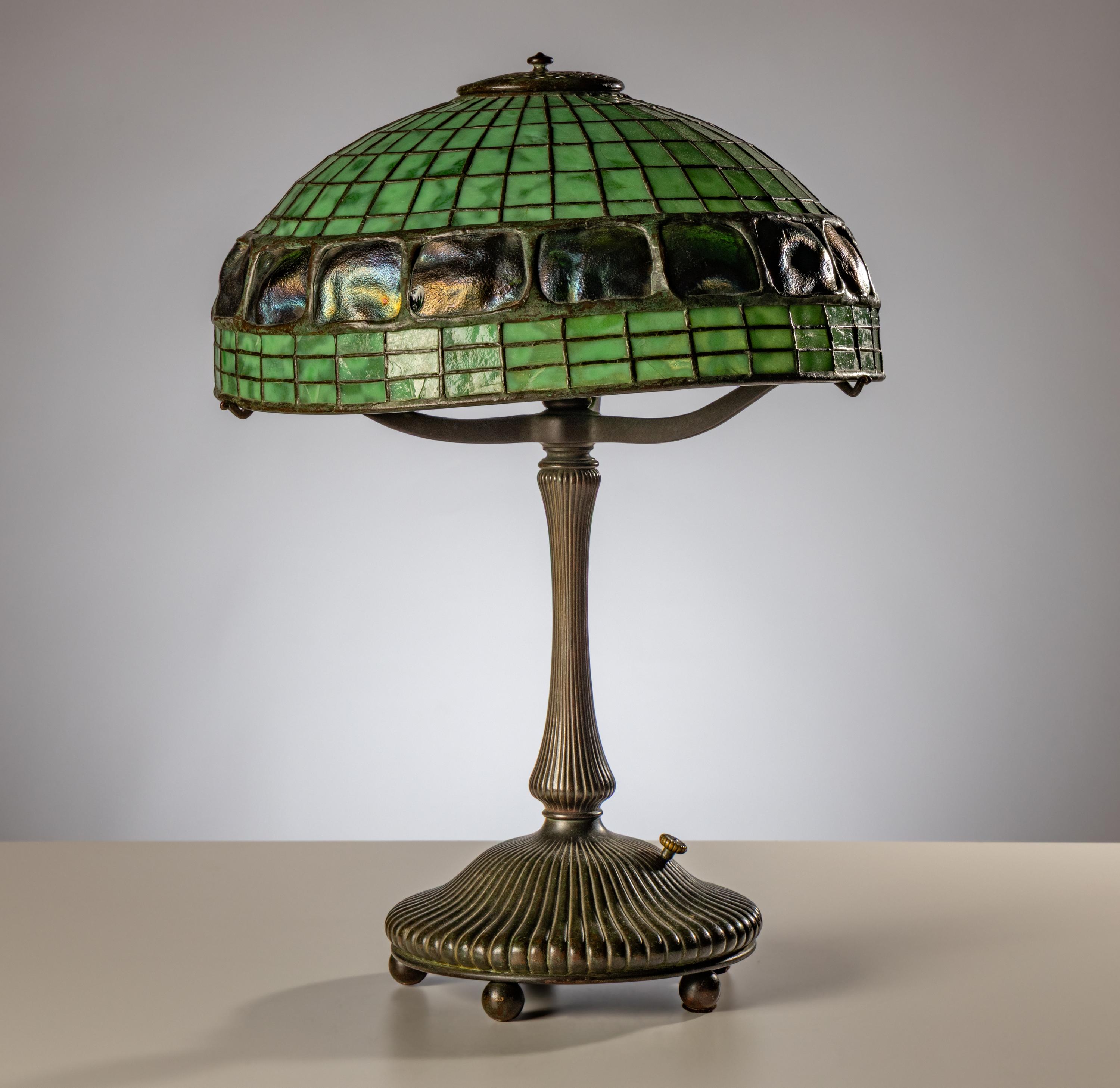 Tiffany Studios New York (American, 1892–1930) — Turtleback-Banded Table Lamp on Mushroom Library Standard Base