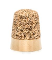 An American 14-Karat Yellow Gold Thimble, Simons Bros., Philadelphia, PA, the top and body worked to show scrolled decoration above a p