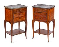 A Pair of Louis XV Style Parquetry Marble-Top Side Tables