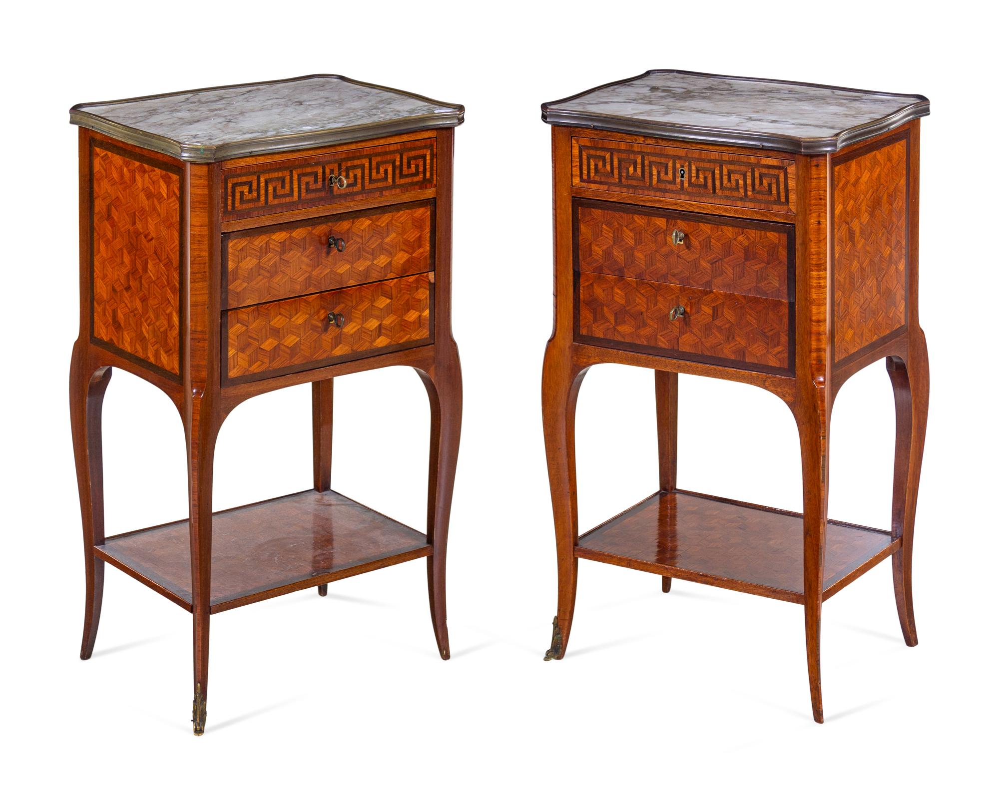 A Pair of Louis XV Style Parquetry Marble-Top Side Tables