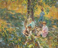 Three Children Fishing , c. 1920