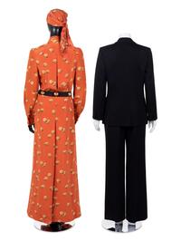 Two Boutique Valentino Outfits, Including a Walnut Dress Ensemble and Black Pant Suit, 1970s