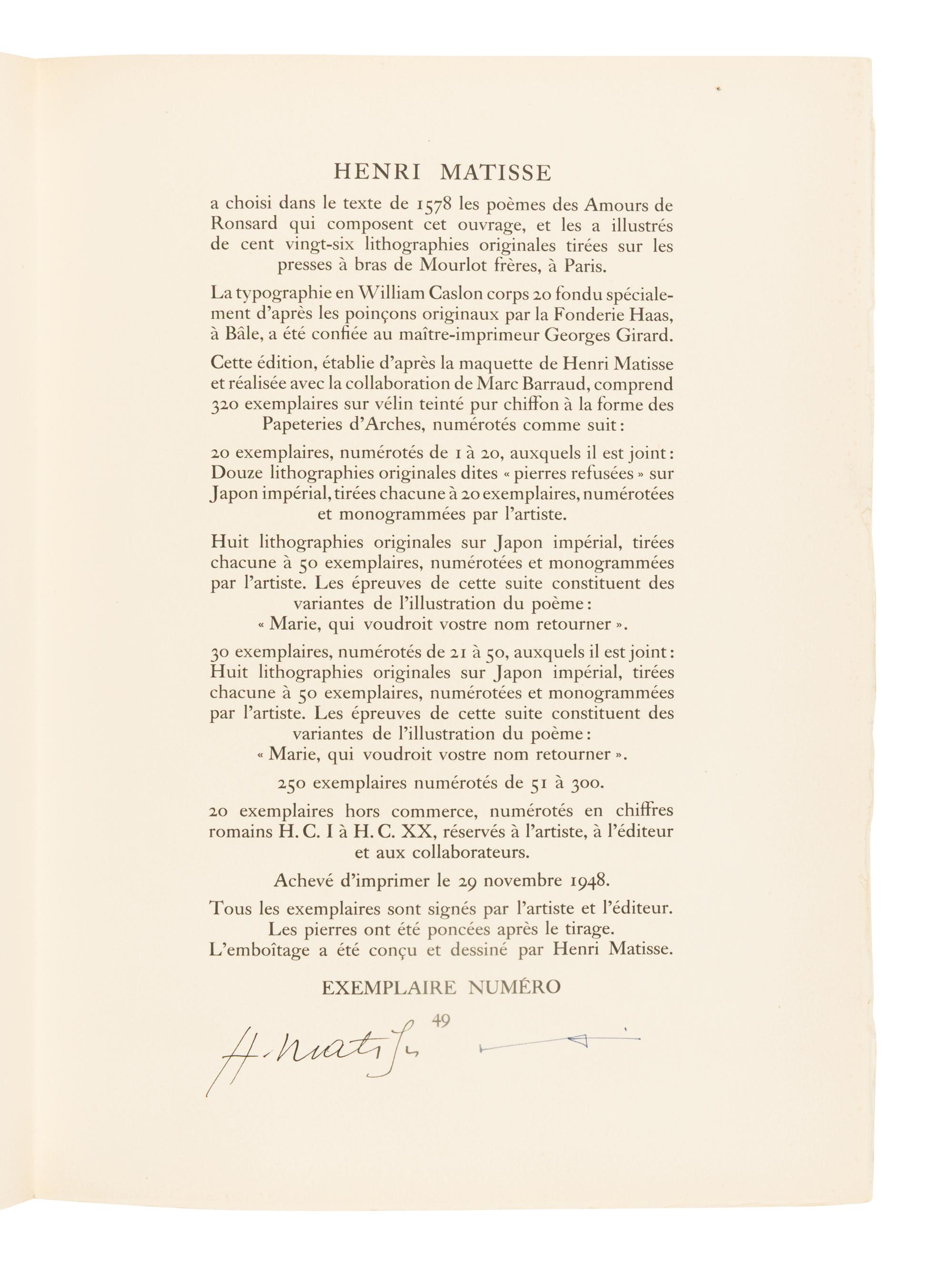 [ARTIST BOOK]. MATISSE, Henri (1869-1954), artist. -- RONSARD, Pierre de (1524-1585). Florilege des amours . Paris: Albert Skira, 29 novembre 1948.