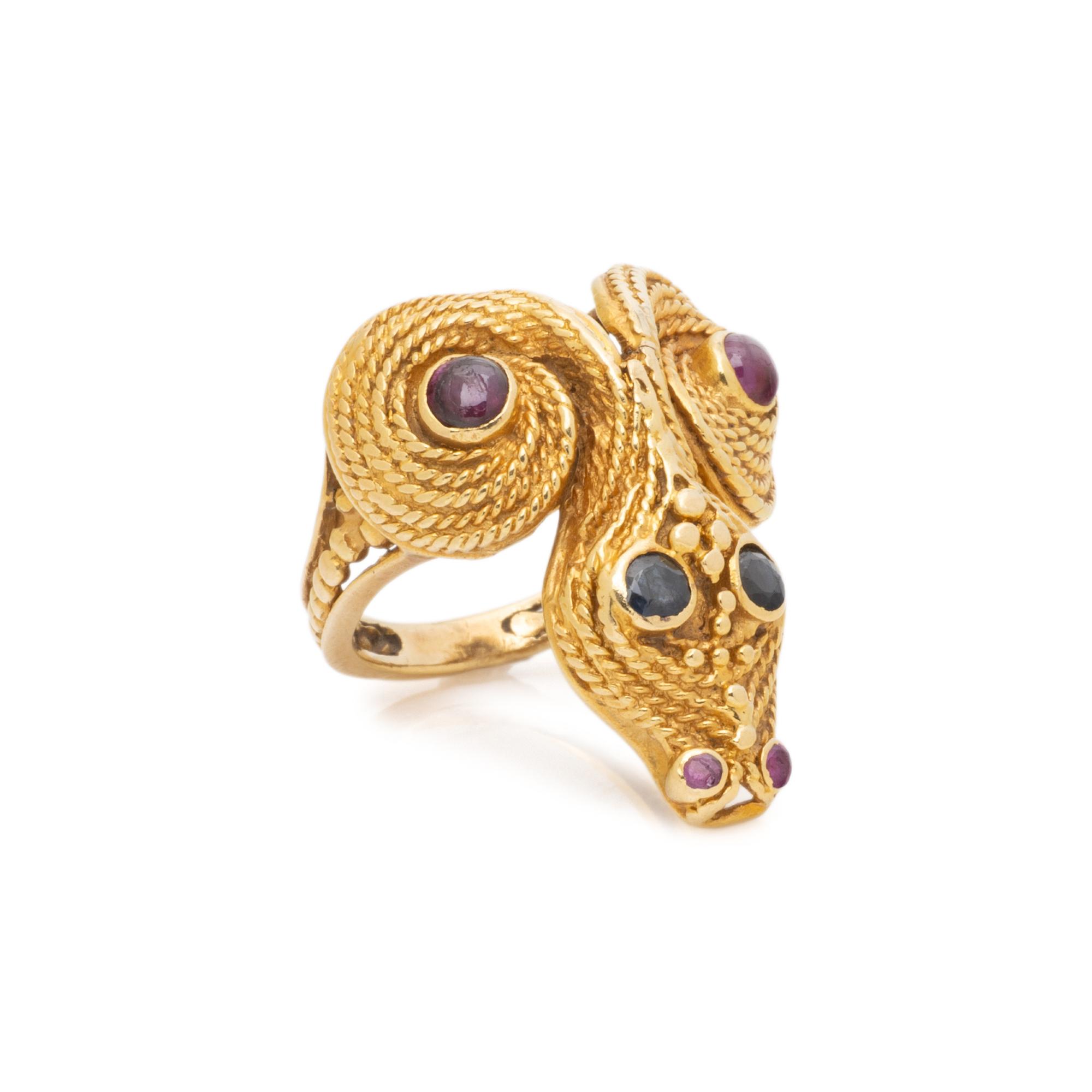 LALAOUNIS, YELLOW GOLD, RUBY, AND SAPPHIRE RING