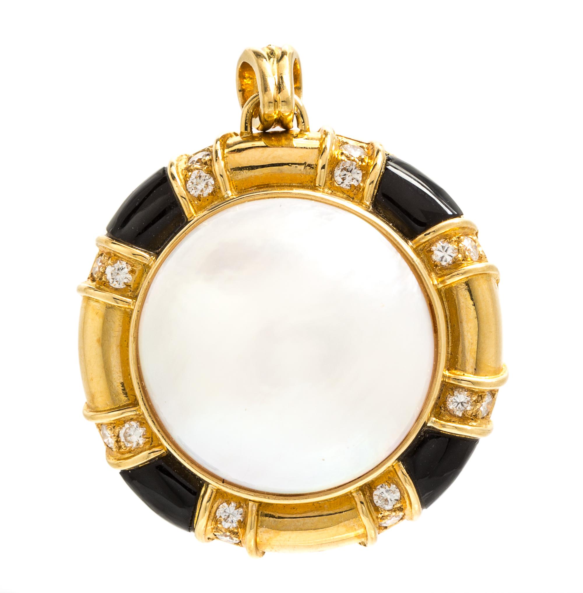 An 18 Karat Yellow Gold, Cultured Mabe Pearl, Onyx and Diamond Pendant, 12.40 dwts.