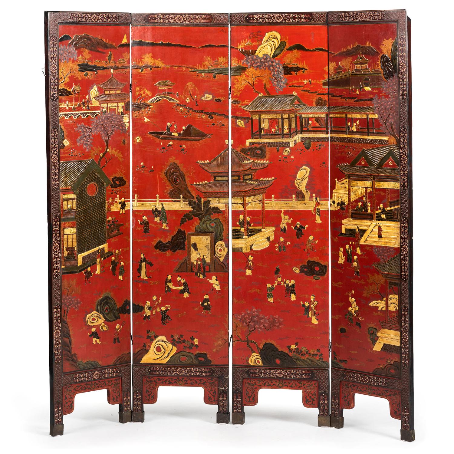 A Chinese Export Red Lacquer Four Panel Floor Screen