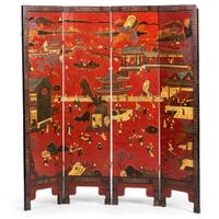 A Chinese Export Red Lacquer Four Panel Floor Screen