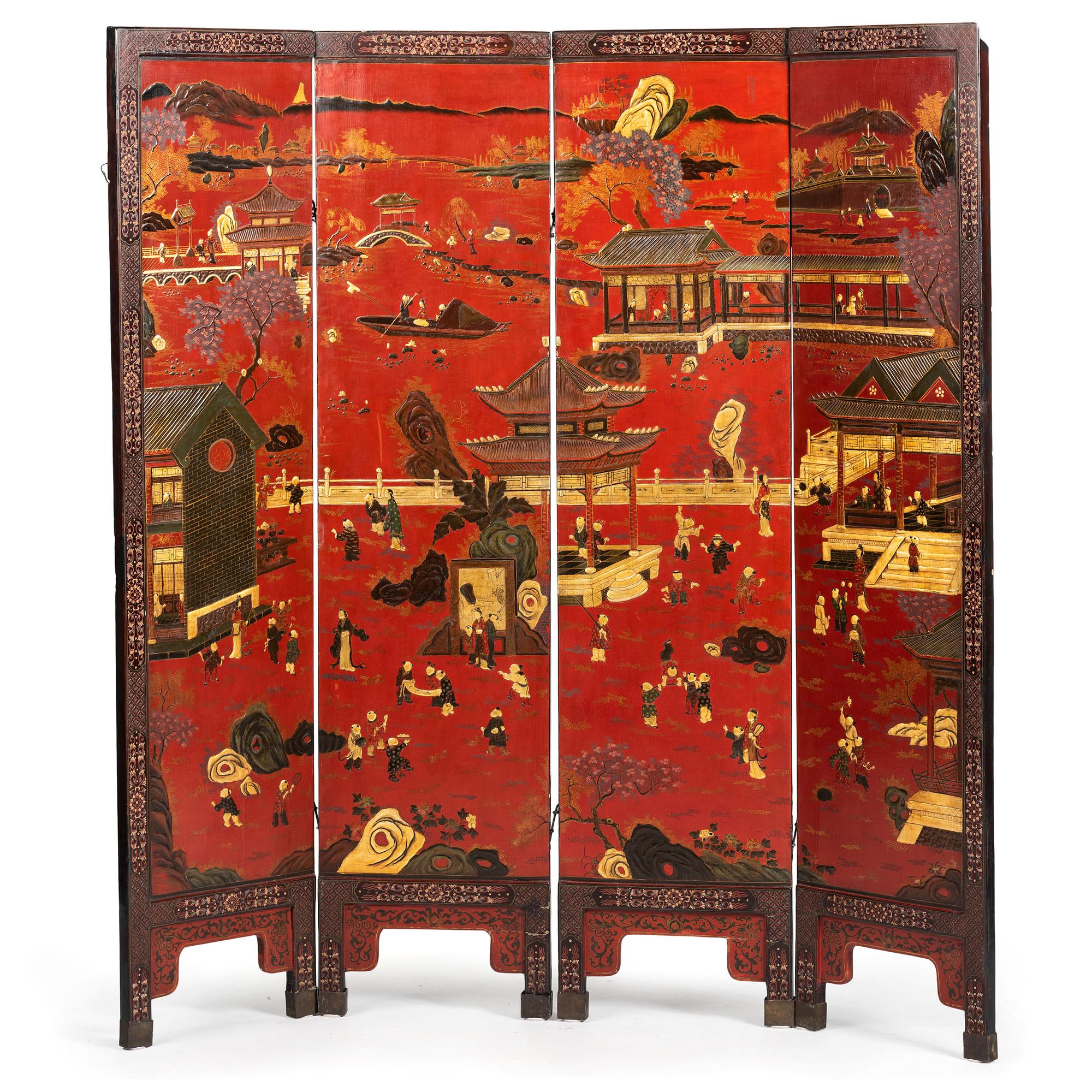 A Chinese Export Red Lacquer Four Panel Floor Screen