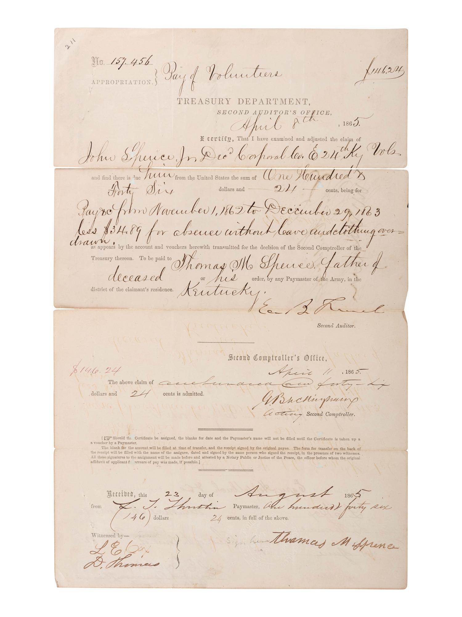 [CIVIL WAR]. A group of 5 items identified to Private Reuben Morris (3), 4th Iowa Cavalry, and John Spence, 24th Kentucky Infy., DOW, incl. photographs and documents.