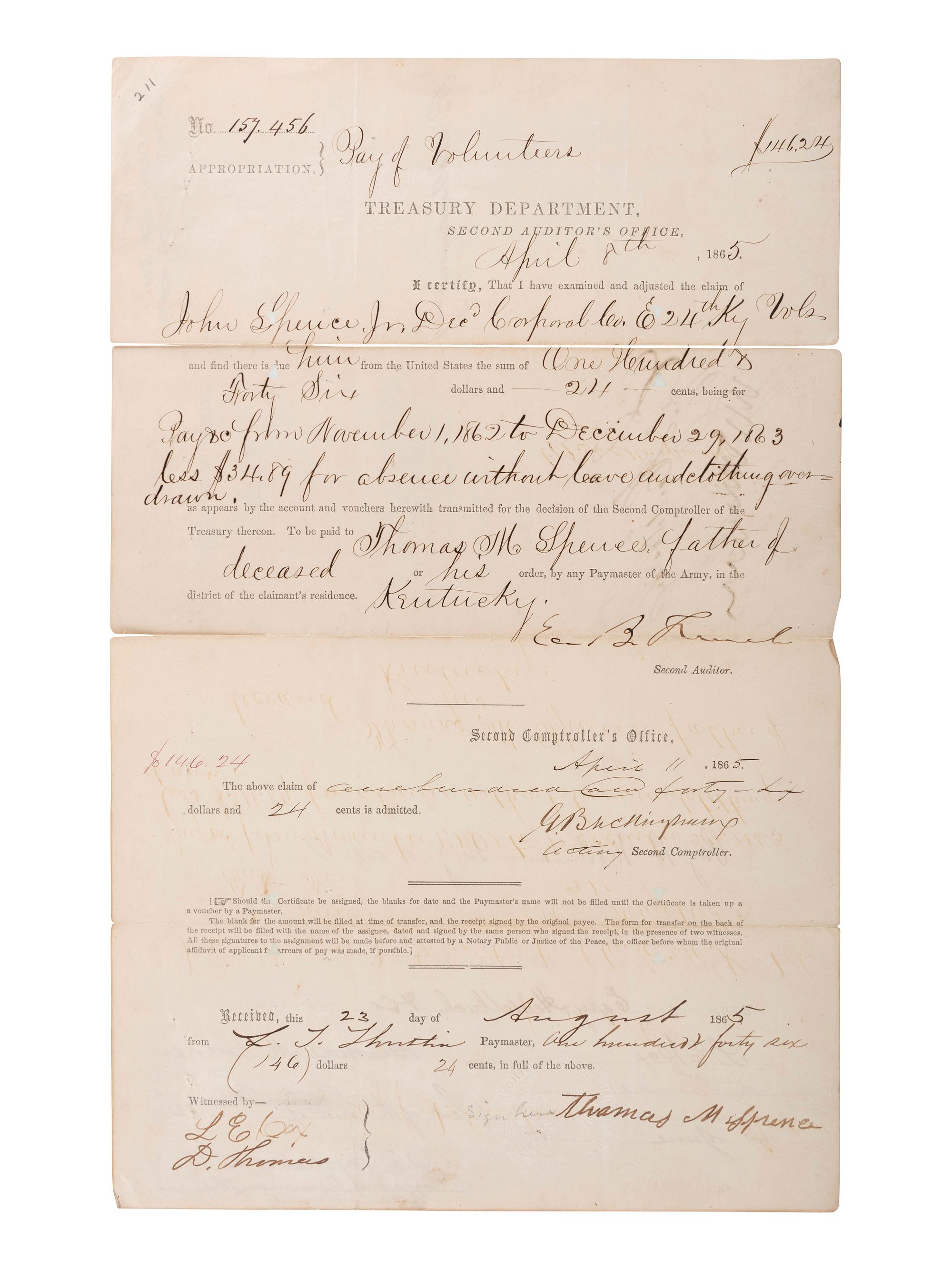 [CIVIL WAR]. A group of 5 items identified to Private Reuben Morris (3), 4th Iowa Cavalry, and John Spence, 24th Kentucky Infy., DOW, incl. photographs and documents.