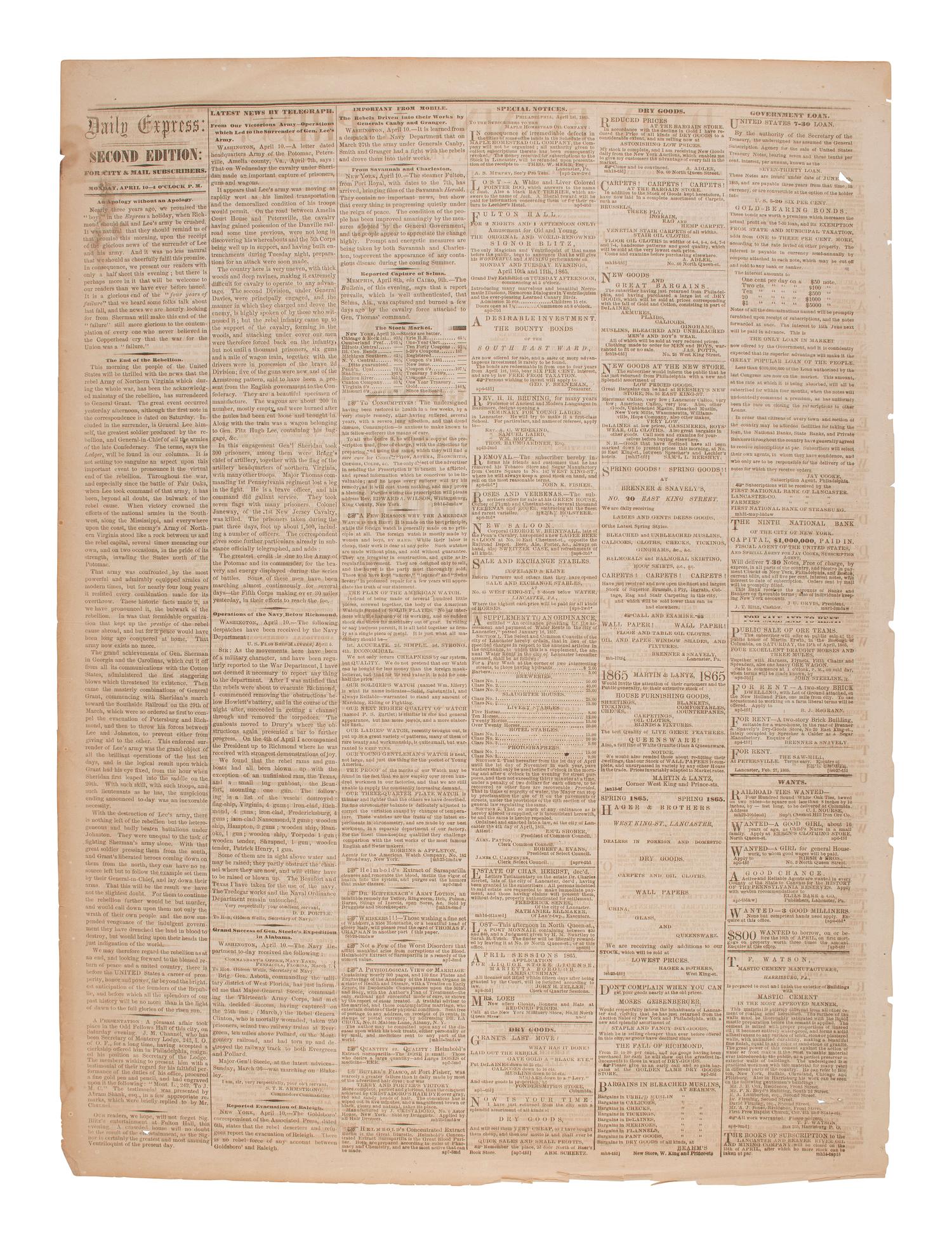 [CIVIL WAR] Daily Evening Express . 10 April 1865. Feat. breaking news headlines of Lee's surrender.