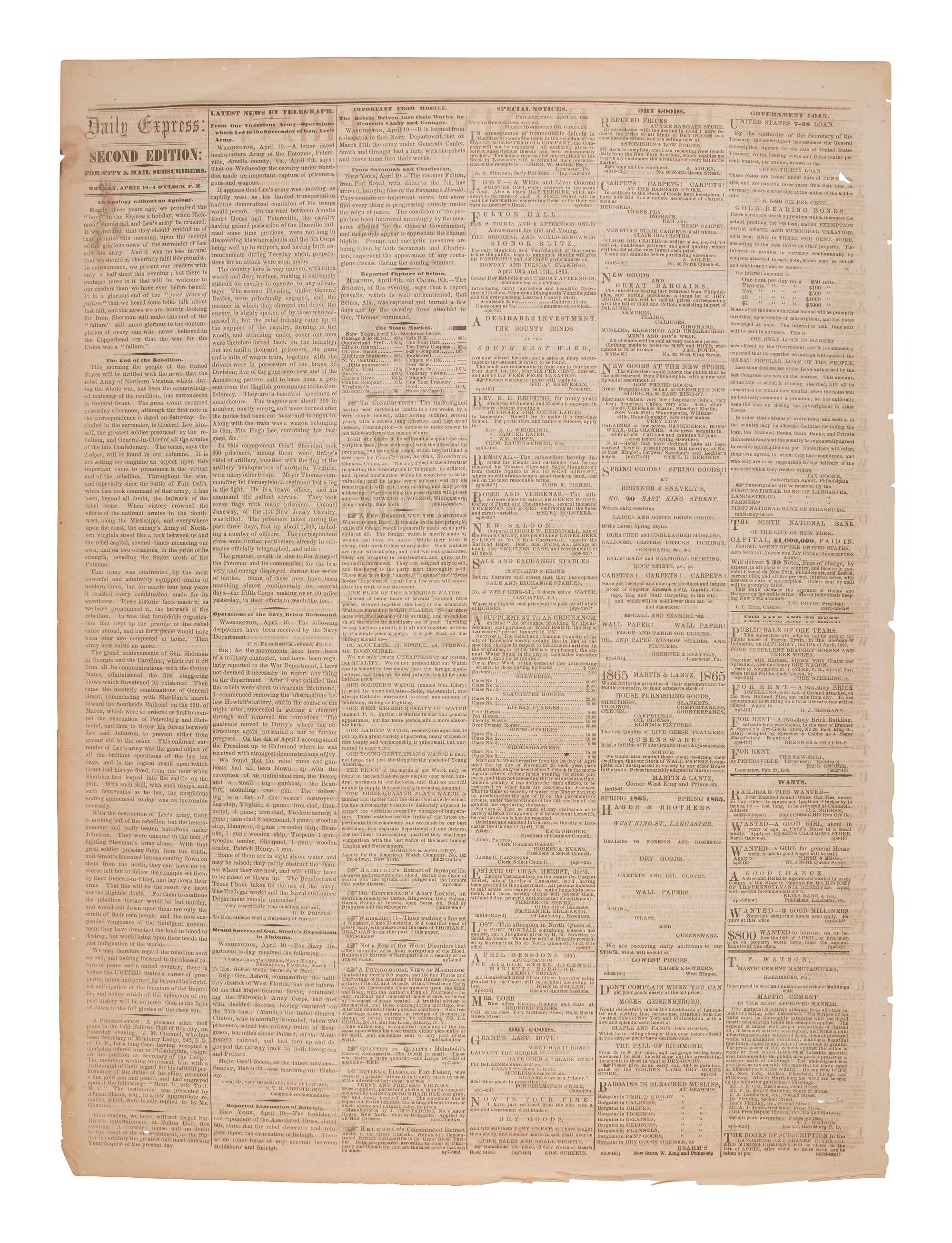[CIVIL WAR] Daily Evening Express . 10 April 1865. Feat. breaking news headlines of Lee's surrender.