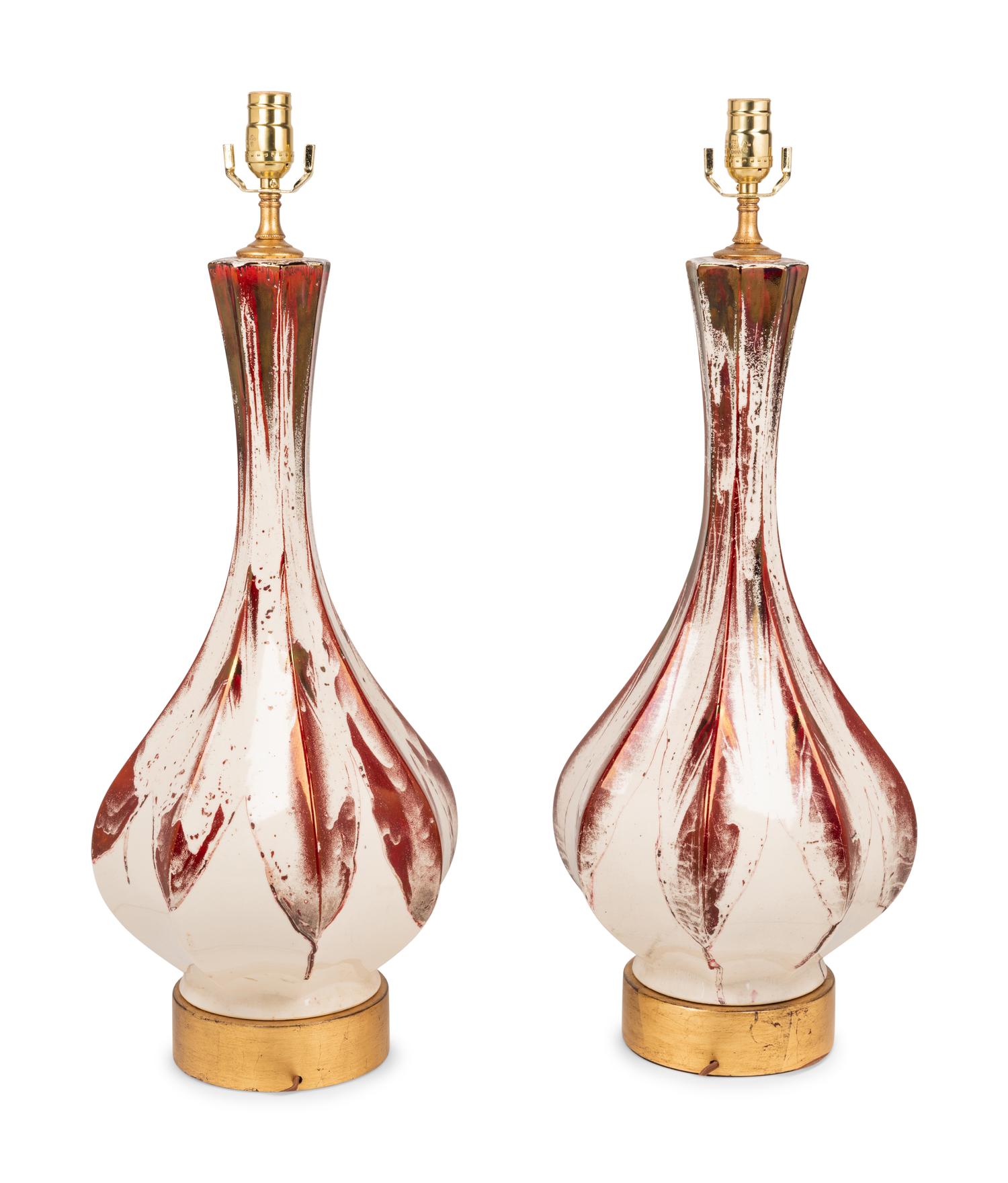 A Pair of Contemporary Red and White Glazed Vases Mounted as Lamps