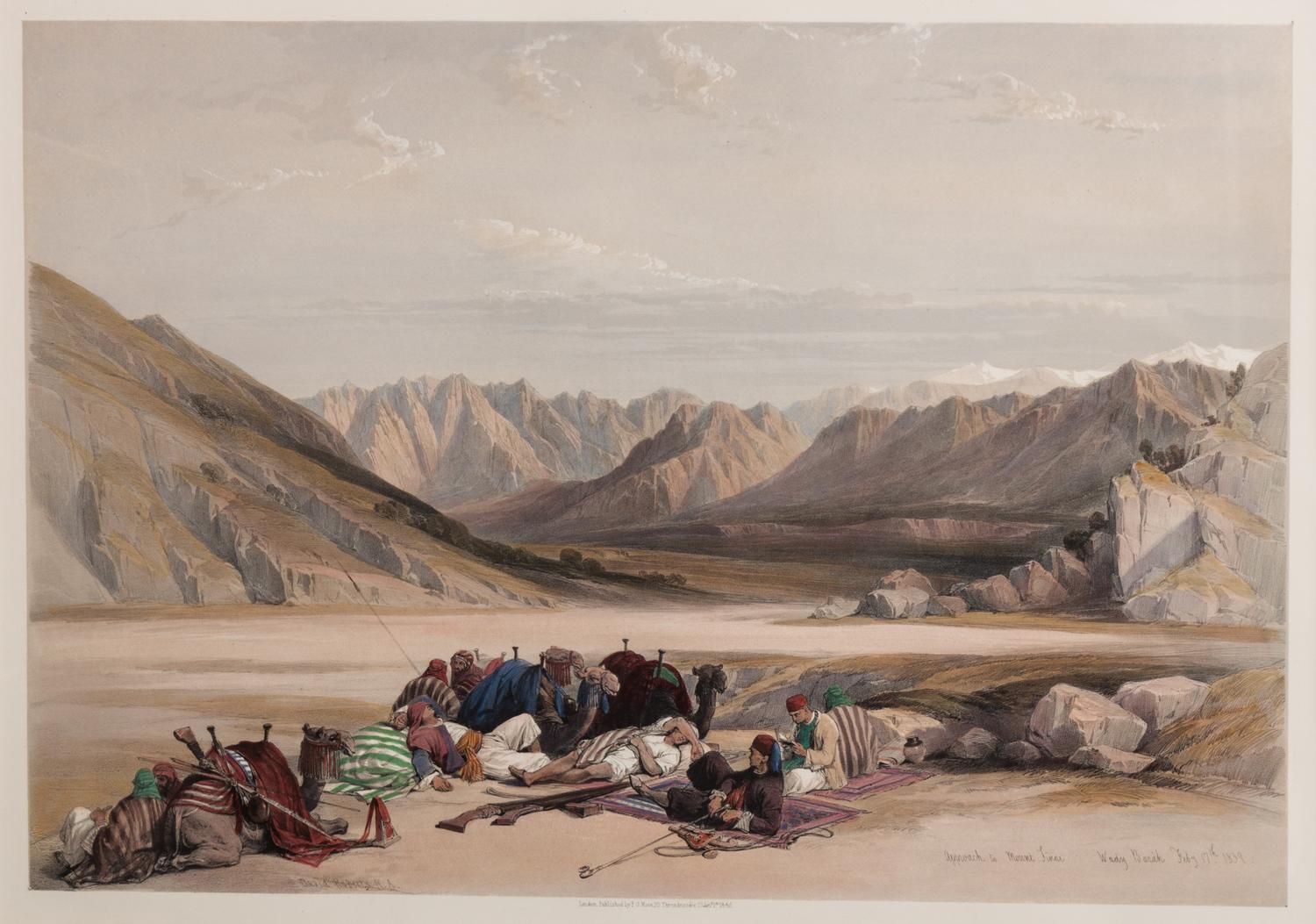 David Roberts, (British, 1796-1864), Six book plates Views of the Holy Land, comprising Approach to Mount Sinai, Jacob's Well at Sheche