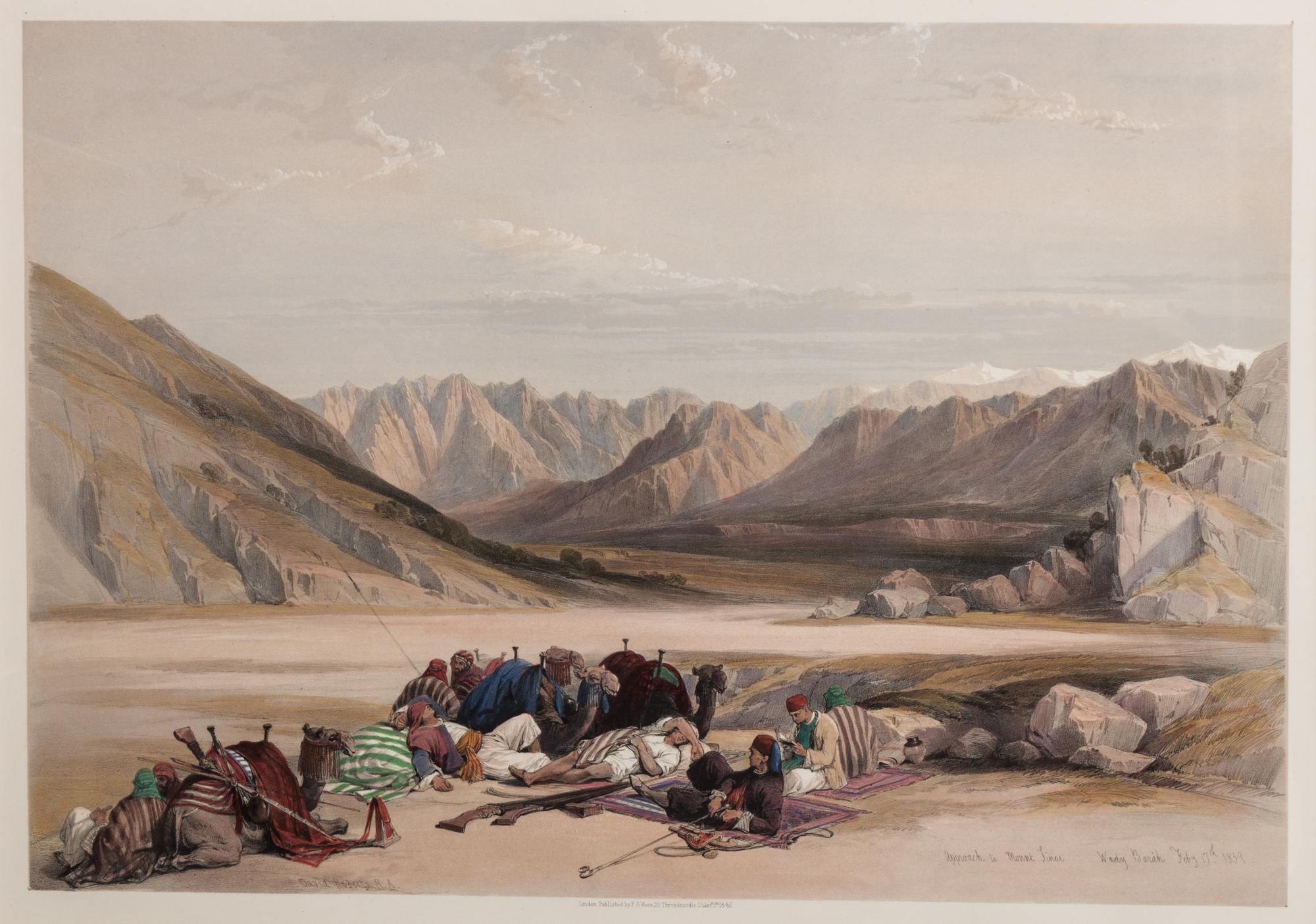 David Roberts, (British, 1796-1864), Six book plates Views of the Holy Land, comprising Approach to Mount Sinai, Jacob's Well at Sheche