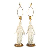 A Pair of White Painted Cast Metal Figures Mounted as Lamps