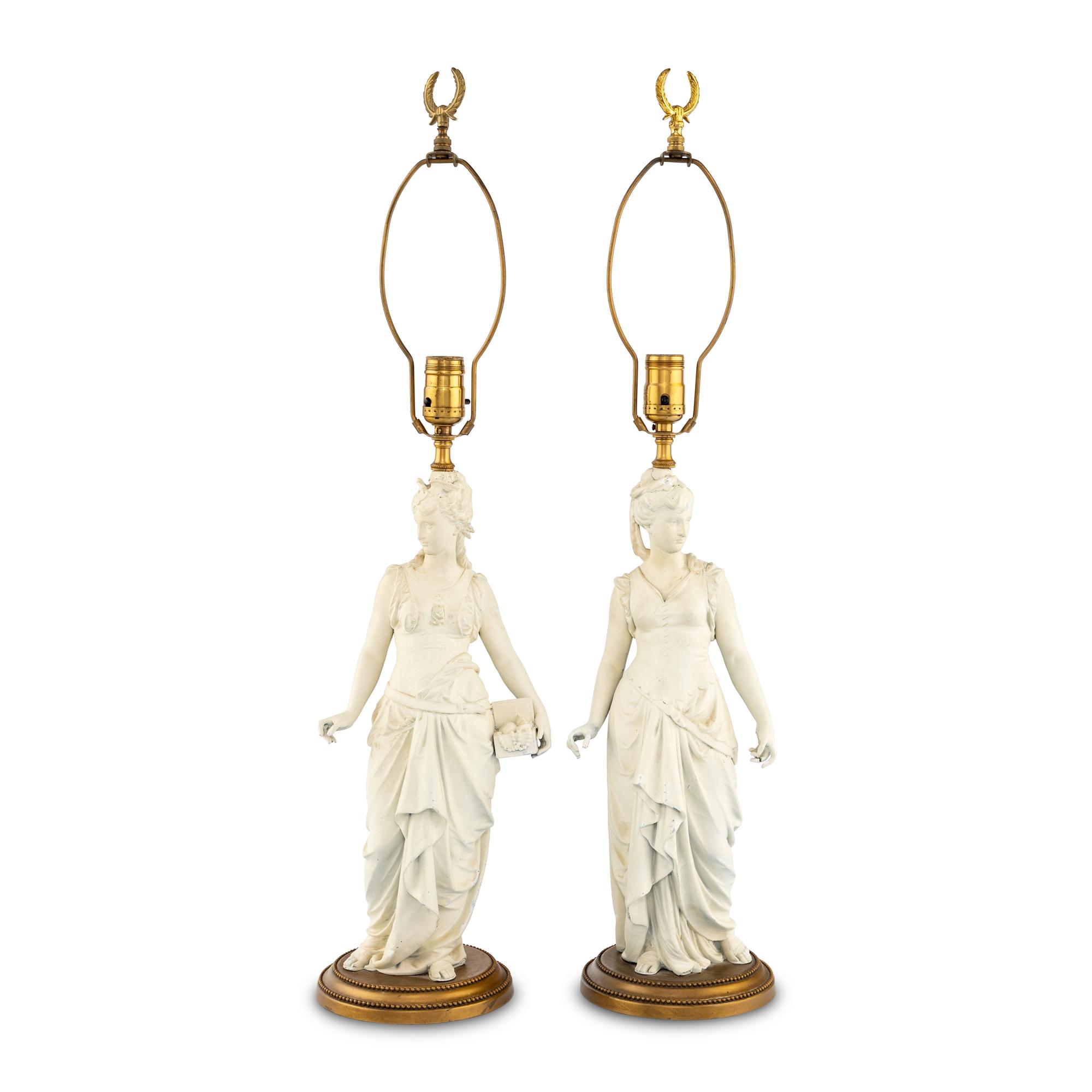 A Pair of White Painted Cast Metal Figures Mounted as Lamps