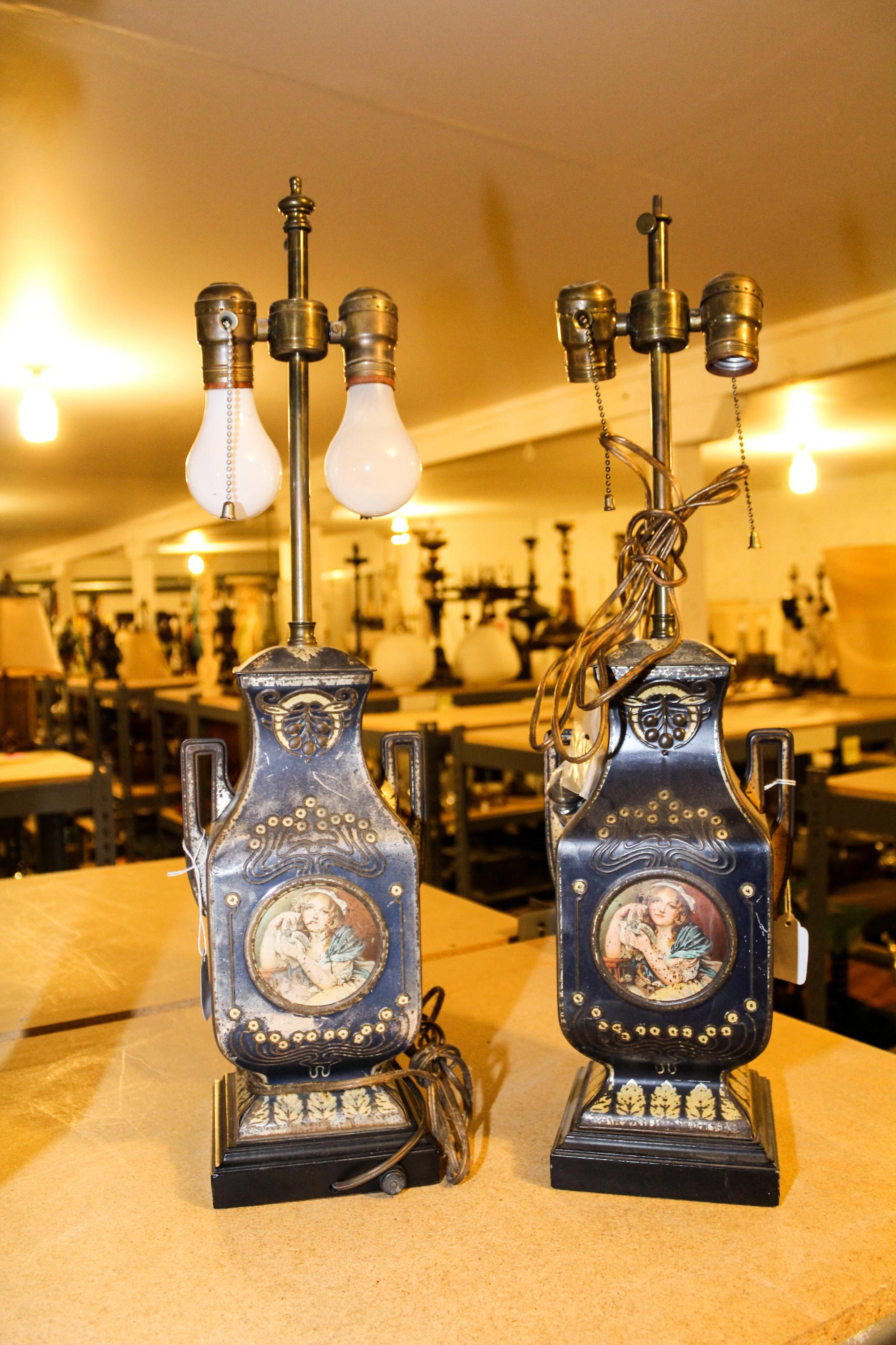 A Pair of Tole Urns Height 24 inches. — 19TH CENTURY