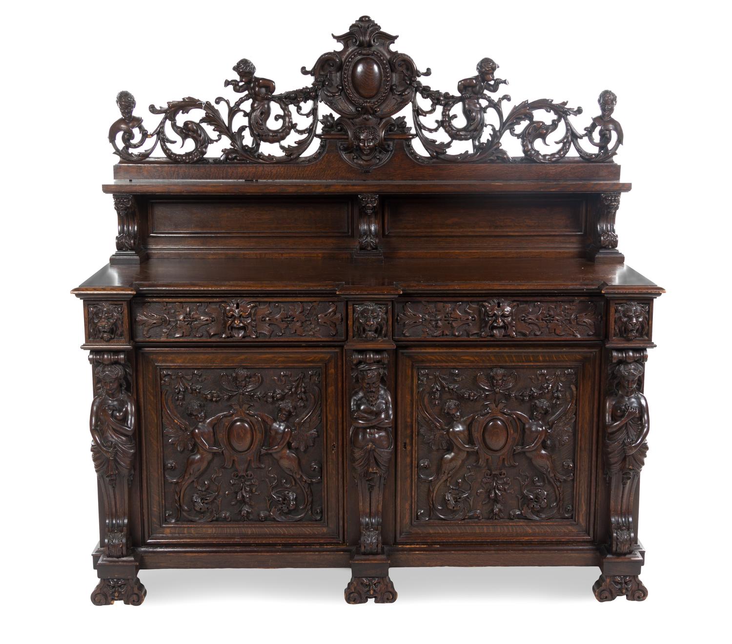 An American Carved Oak Server, R.J. HORNER, Height 69 x width 68 x depth 26 inches. — R.J. HORNER,