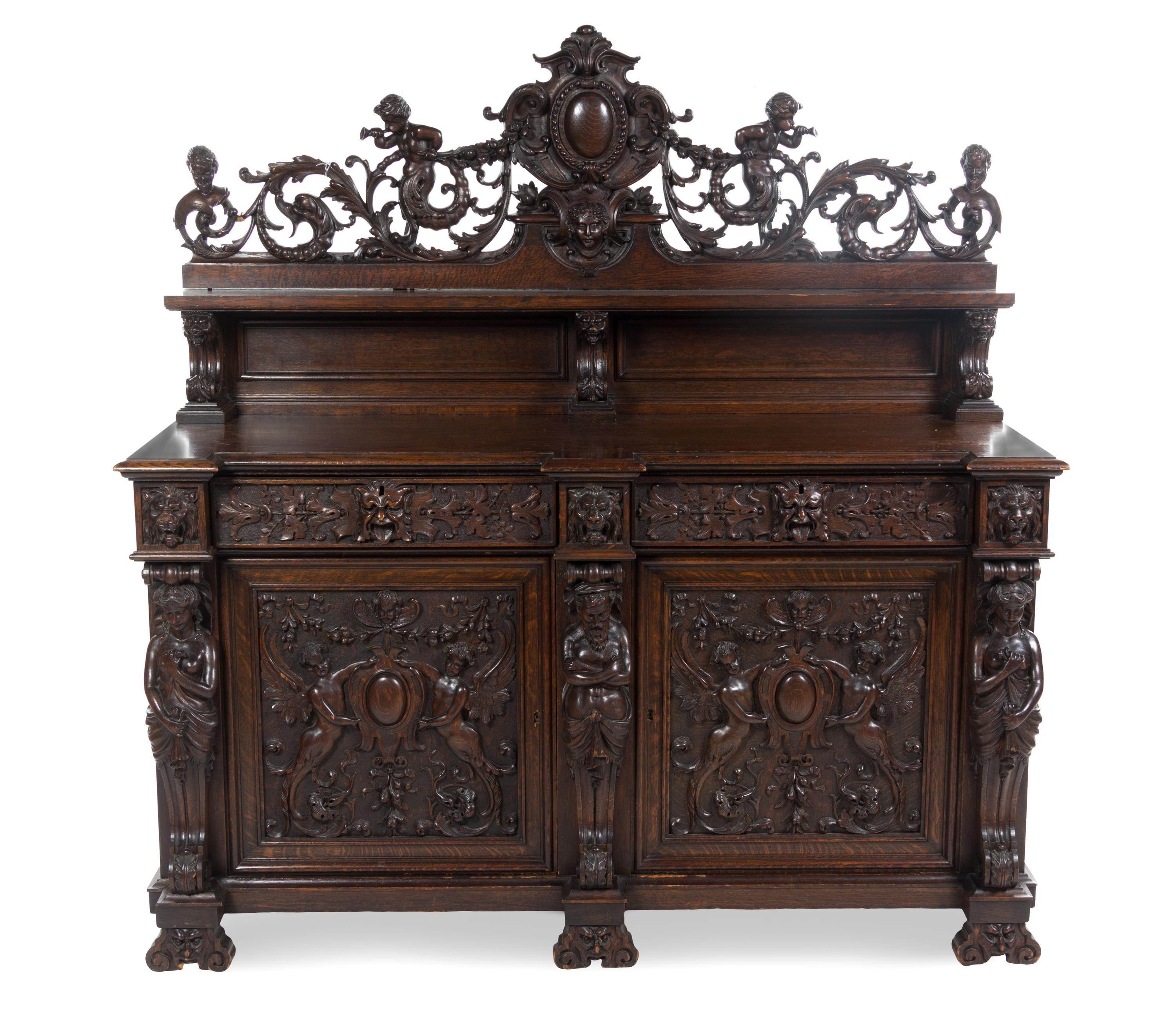 An American Carved Oak Server, R.J. HORNER, Height 69 x width 68 x depth 26 inches. — R.J. HORNER,
