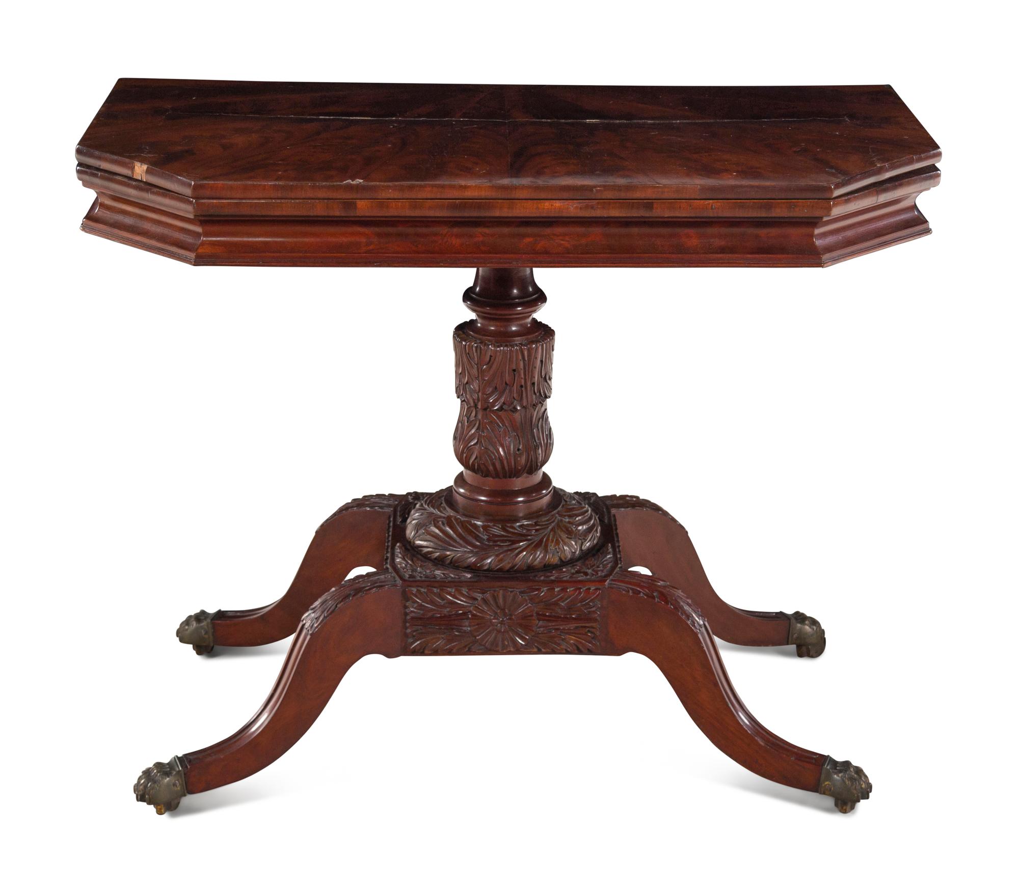 A Classical Carved and Figured Mahogany Octagonal Top Card Table