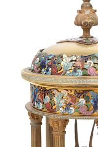 A Pair of French Gilt Bronze and Champlevé Enamel Stands with Interior Sphinxes