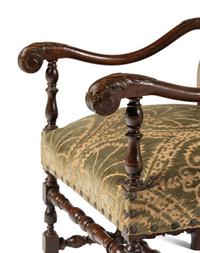 A Pair of William and Mary Style Turned and Carved Beech and Oak Armchairs