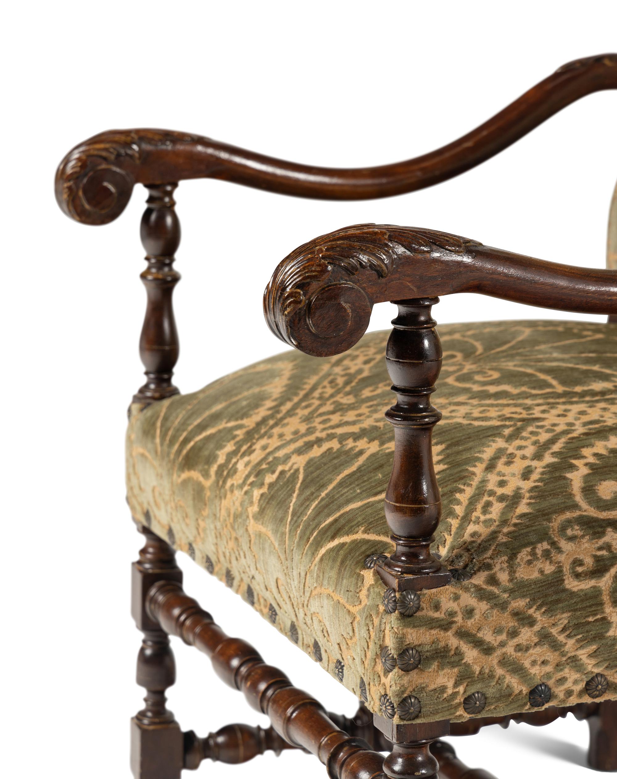 A Pair of William and Mary Style Turned and Carved Beech and Oak Armchairs