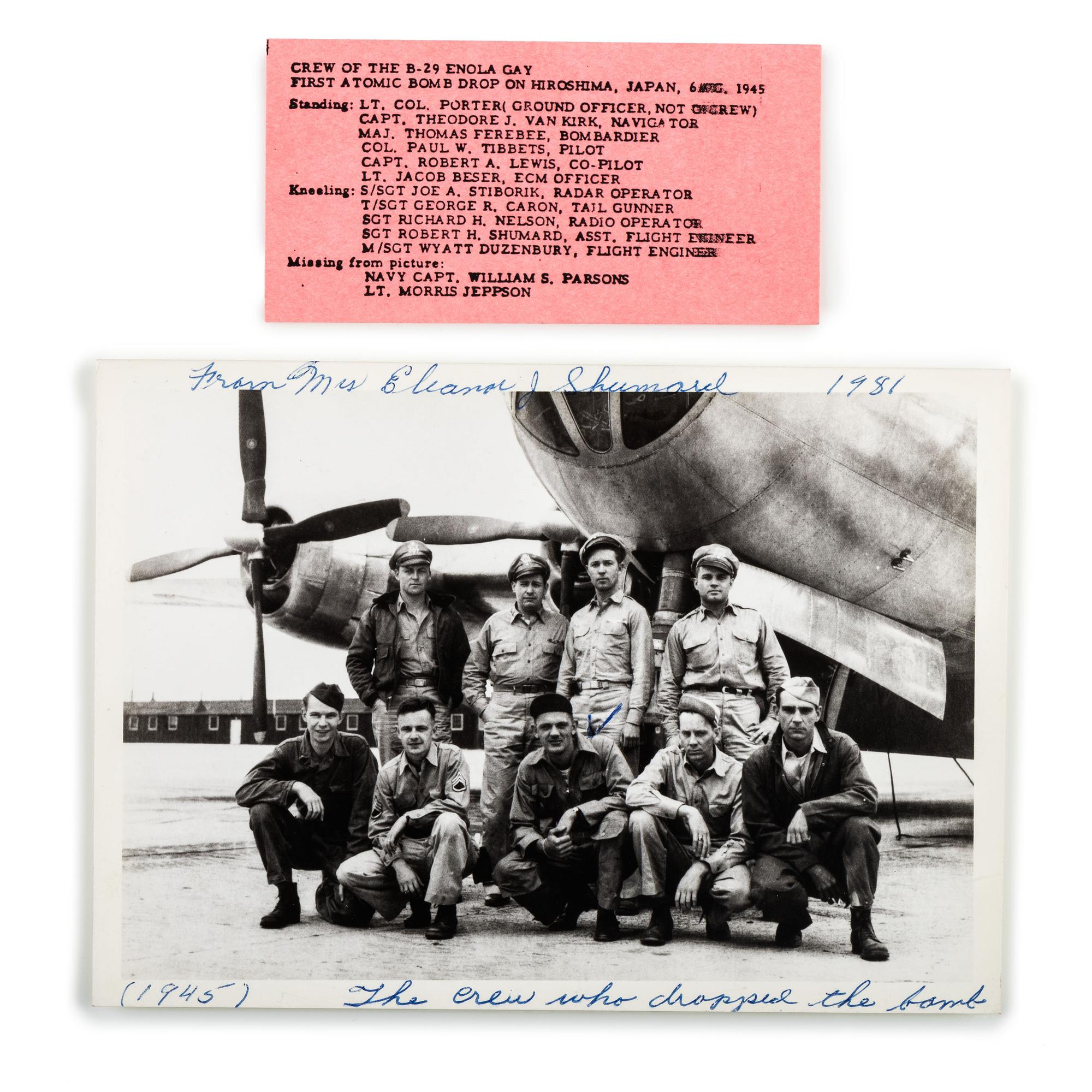 [WORLD WAR II]. SHUMARD, Sgt. Robert (1920-1967). Archive identified to Enola Gay Assistant Flight Engineer Robert Shumard, incl. photographs, autograph, and other personal ephemera.