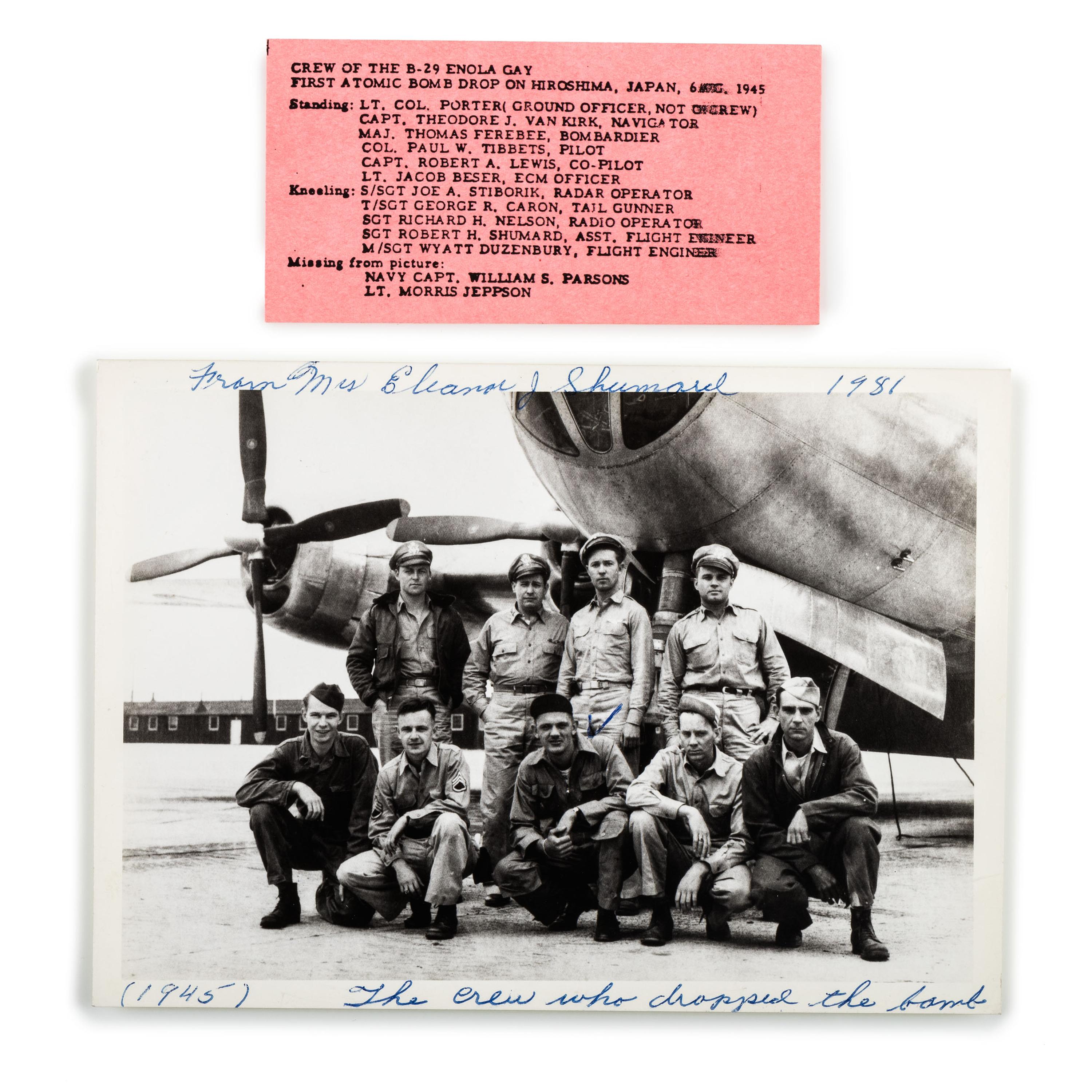 [WORLD WAR II]. SHUMARD, Sgt. Robert (1920-1967). Archive identified to Enola Gay Assistant Flight Engineer Robert Shumard, incl. photographs, autograph, and other personal ephemera.