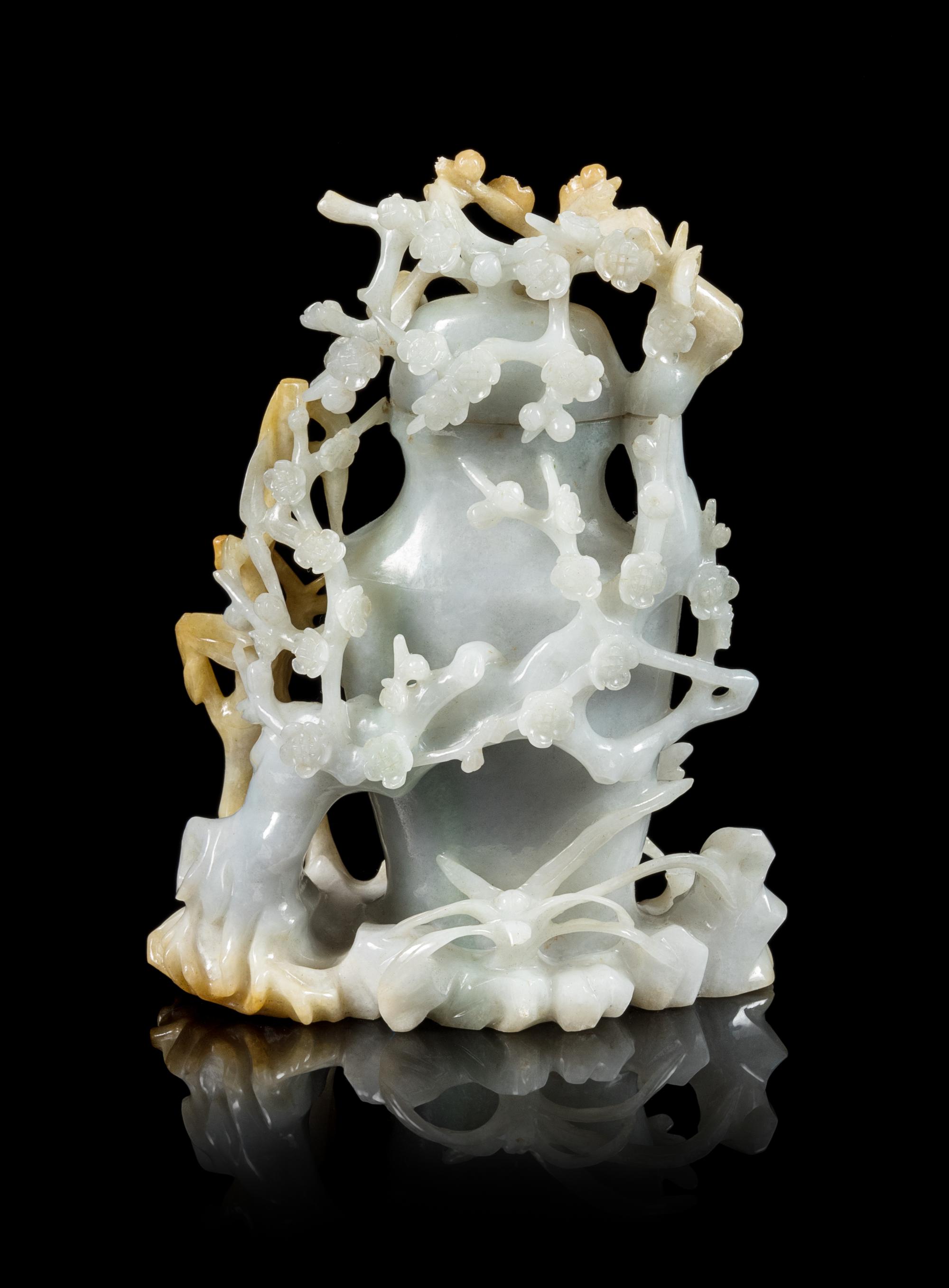 A Russet and Pale Celadon Jadeite Covered Vase Height 6 inches. — 20TH CENTURY