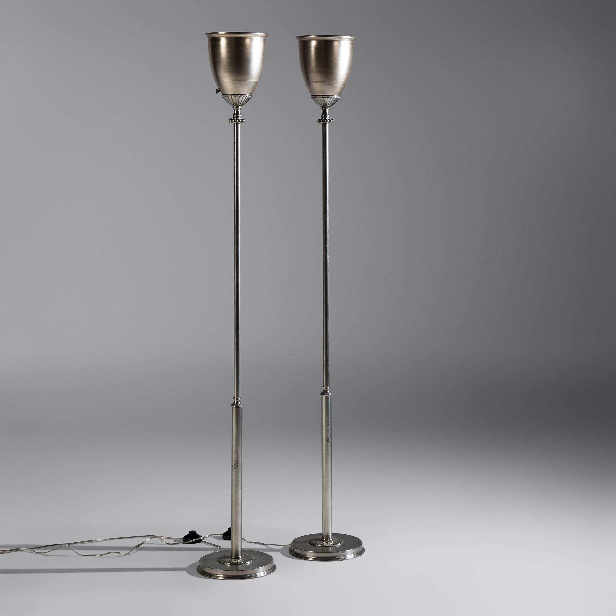 Pair of Silvered Metal Torchère Floor Lamps