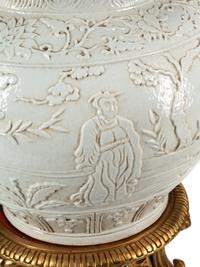 A Pair of Blanc de Chine Porcelain Jars on Gilt Bronze Stands