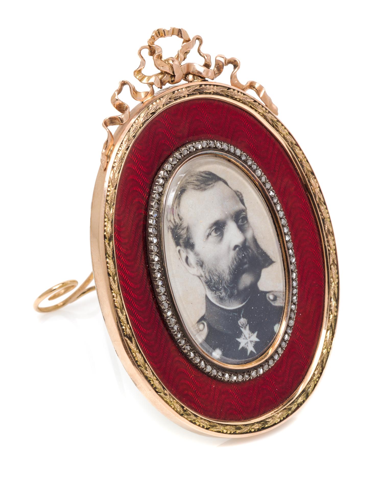 A Russian Guilloche Enamel, Gold and Diamond Picture Frame, Mark of Faberge, maker's mark of Henrik Wigstrom, St. Petersburg, late 19th