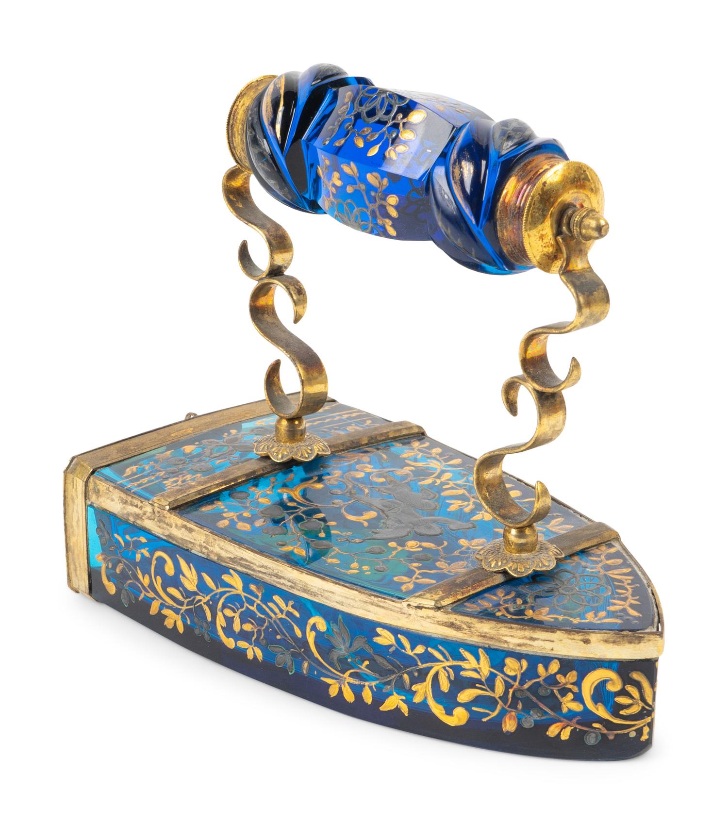 A Continental Brass-Mounted and Gilt-Decorated Blue Glass Iron-Form Box — LATE 19TH CENTURY