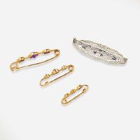 A Collection of Gem-Set Pins and 18K Asprey Match Safe