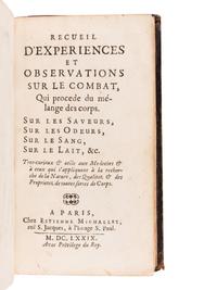 LEEUWENHOEK, Antoni Van (1632-1723), Nehemiah GREW (1641-1712), Robert BOYLE (1627-1691). Recueil d'experiences et observations sur le combat, qui procede du melange des corps. Sur les saveurs, sur les odeurs, sur le sang, sur le lait, &c . Paris: Estienne Michallet, 1679.